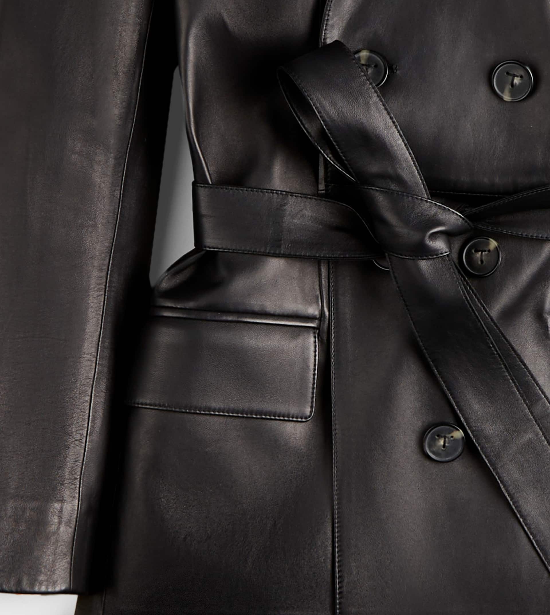 DOUBLE-BREASTED TRENCH COAT IN LEATHER - BLACK - 3