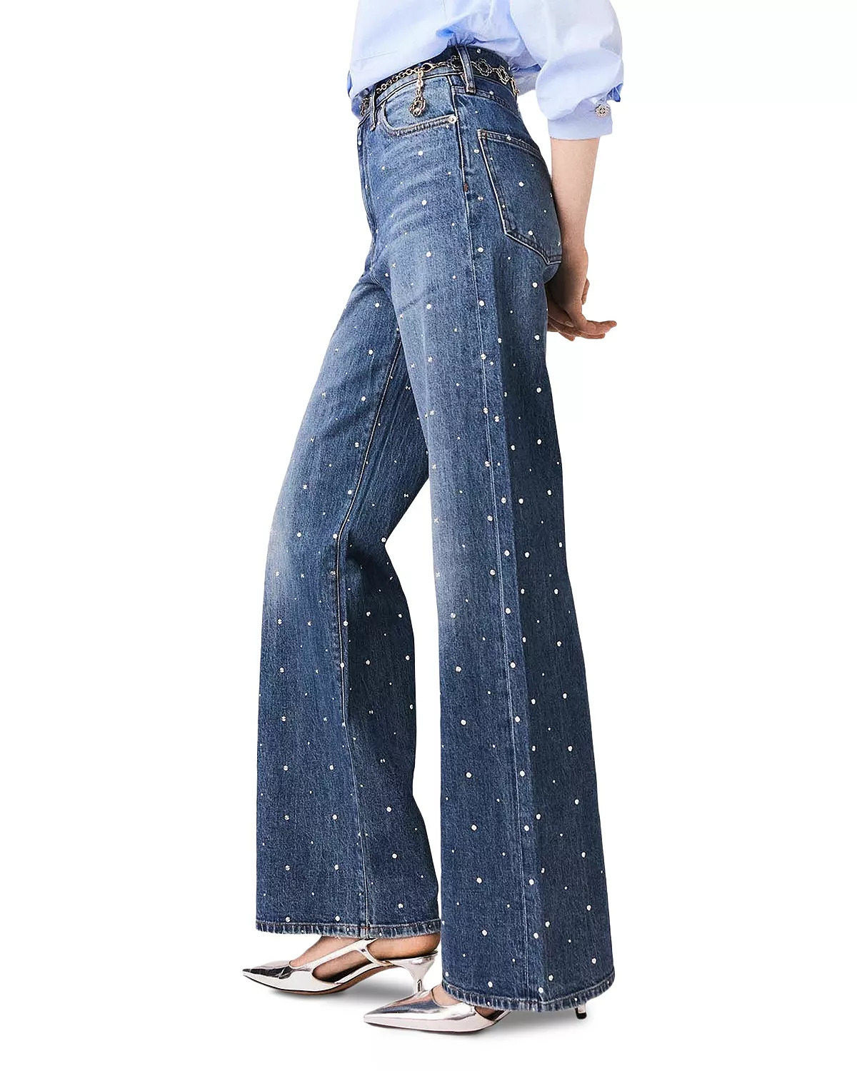 Studded High Rise Wide Leg Jeans in Blue - 4