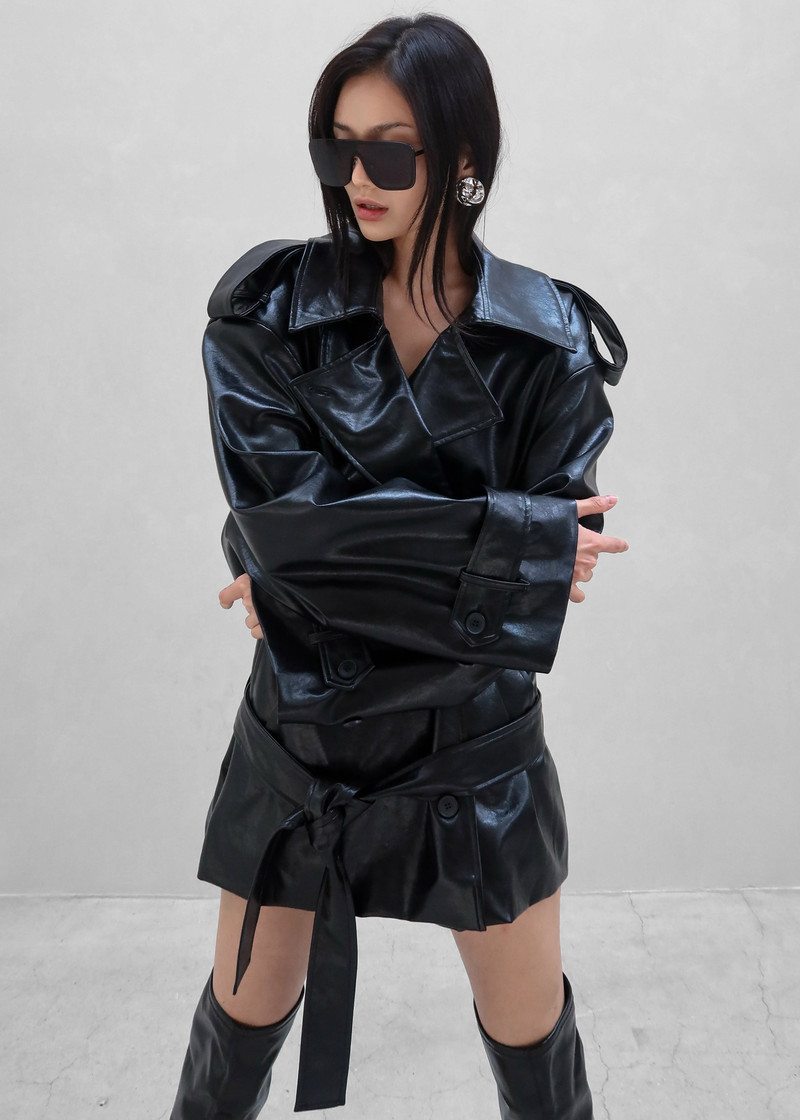Nordana Faux Leather Short Trench - Black 4