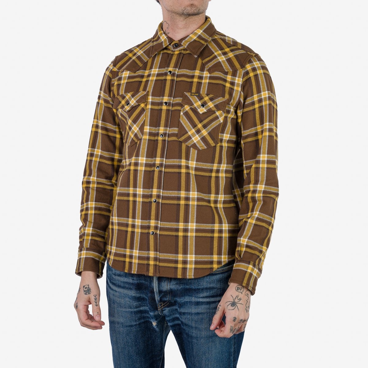 IHSH-372-BRN Ultra Heavy Flannel Crazy Check Western Shirt - Brown - 2