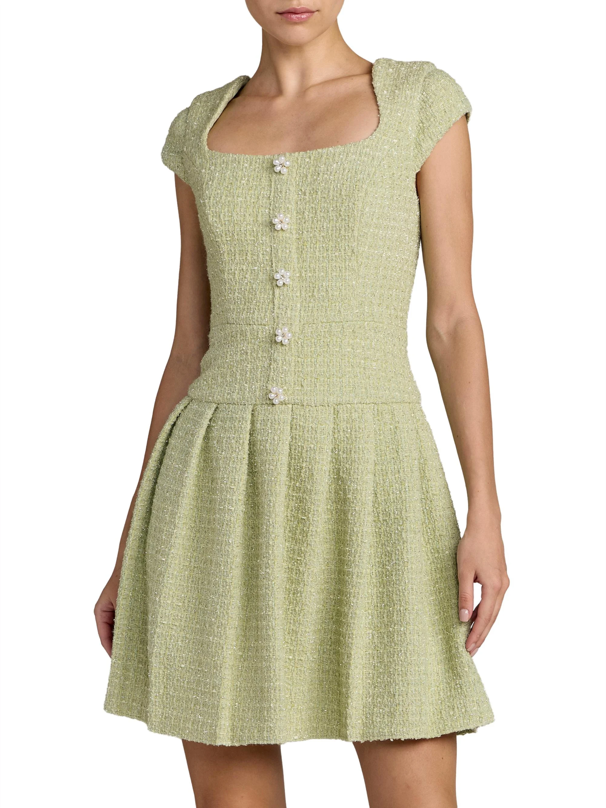 Women's Bouclé Pleated Square-Neck Minidress - Sage - 1