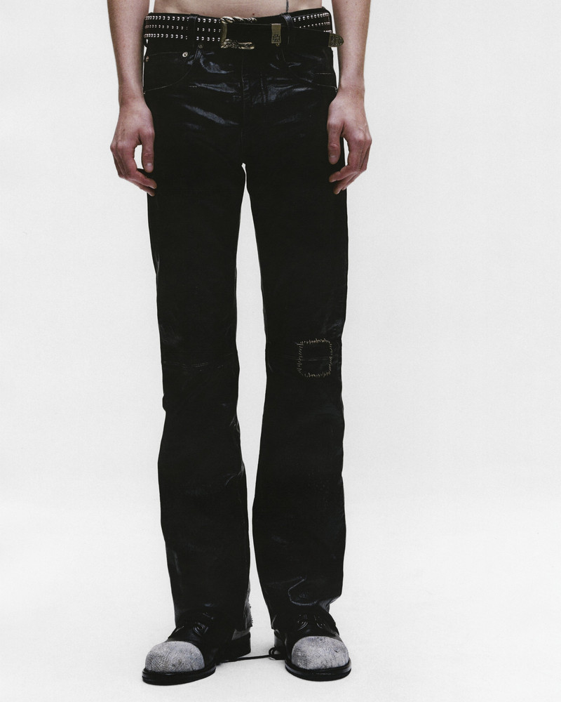 CRUST REPAIRED LEATHER FLARE JEANS 3