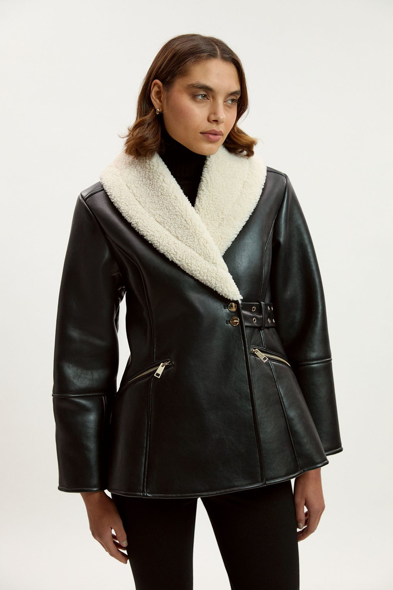Faux Leather Bonded Waisted Peplum Coat 1