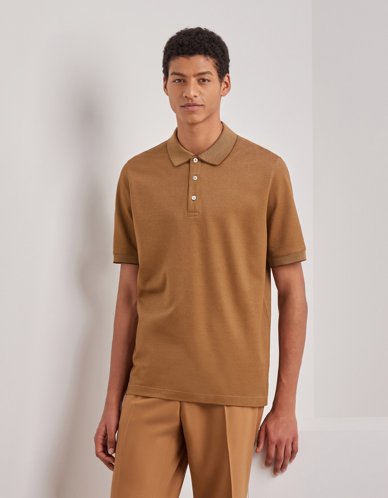 Canali CARAMEL COTTON PIQUÉ POLO SHIRT WITH CONTRASTING TRIM outlook