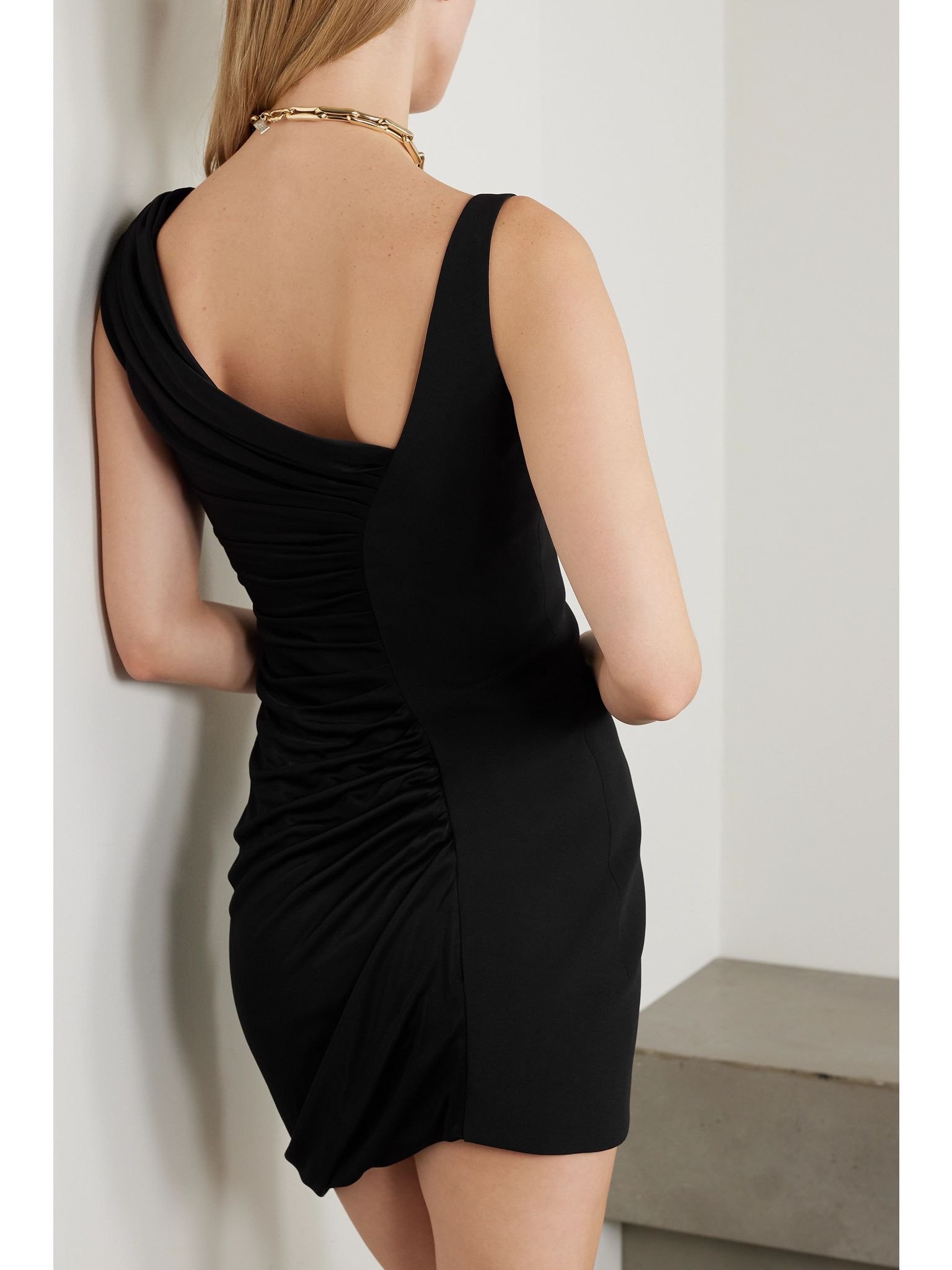 Asymmetric embellished draped jersey mini dress Black - 3