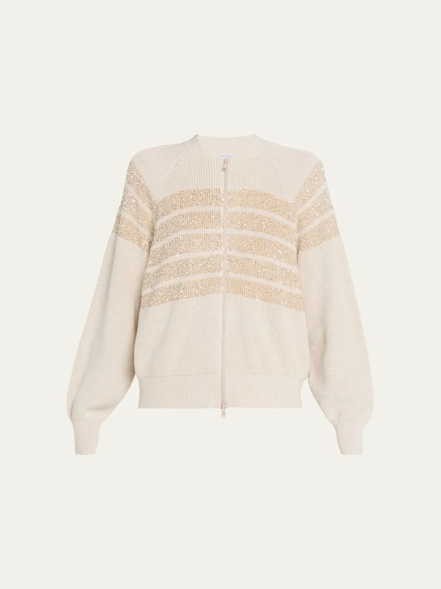 Sequin Striped Cotton Knit Zip-Up Cardigan - 1
