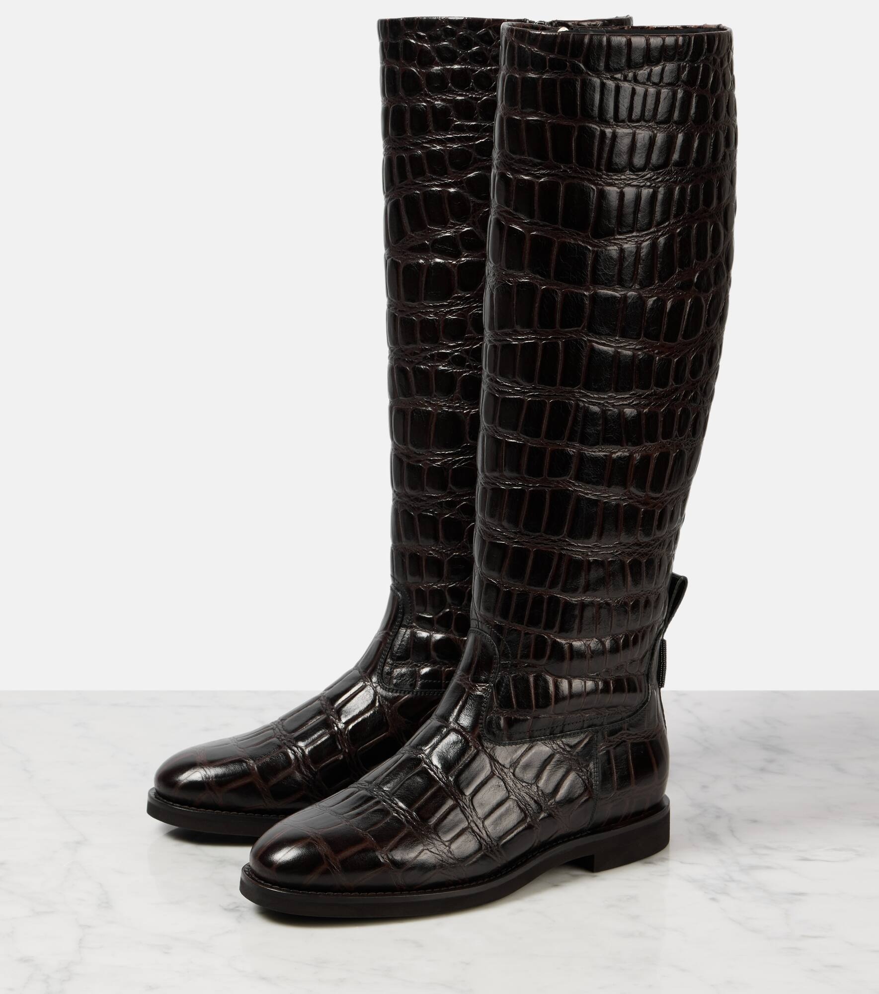 Croc-effect leather knee-high boots - 4