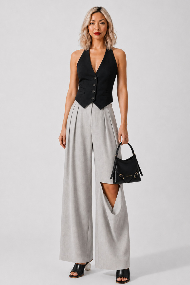 A.W.A.K.E. MODE SLIT KNEE ASYMMETRIC PANT | LIGHT GREY MELANGE outlook