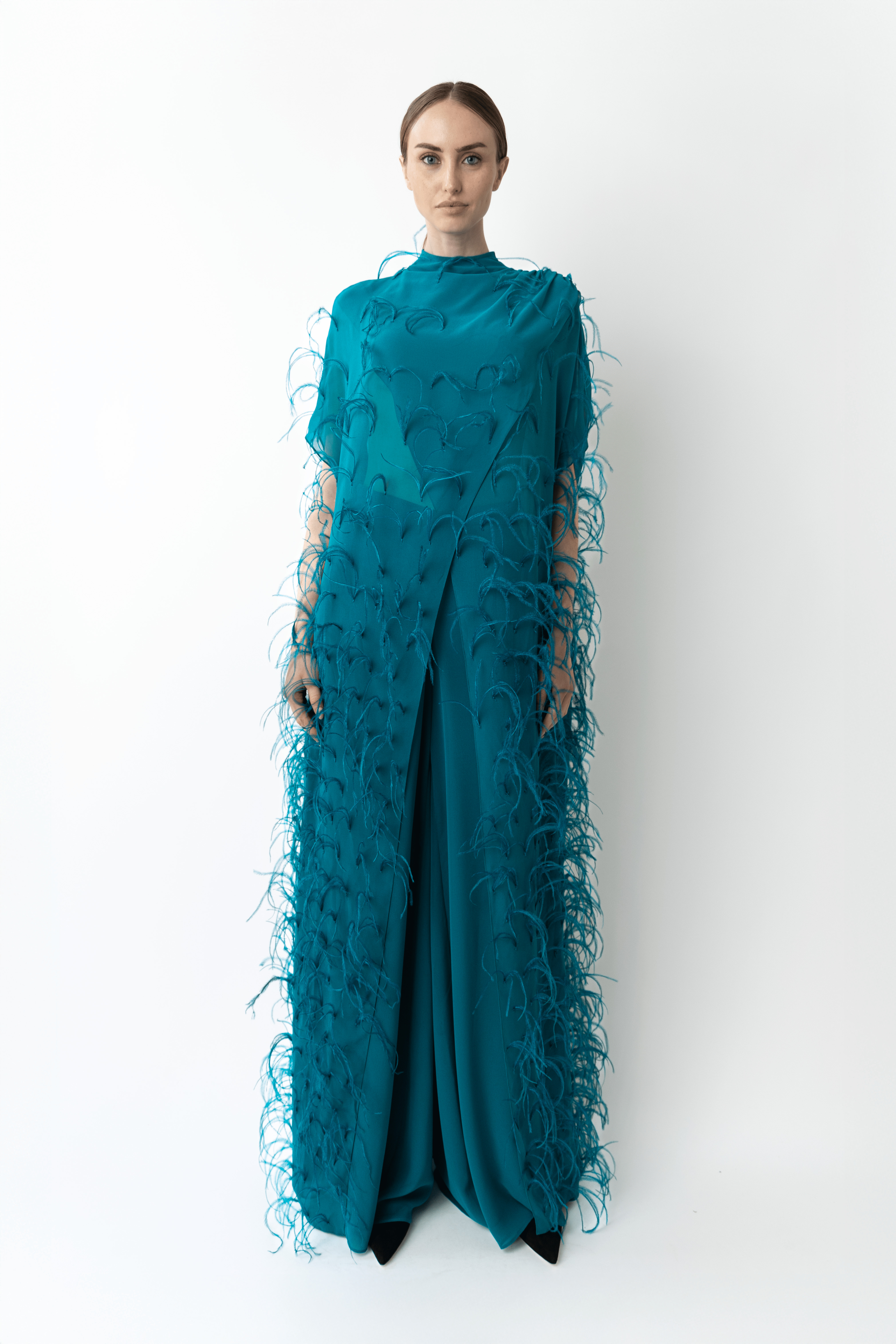 Lightweight Georgette Mock Neck Maxi Top With Feathers - 2