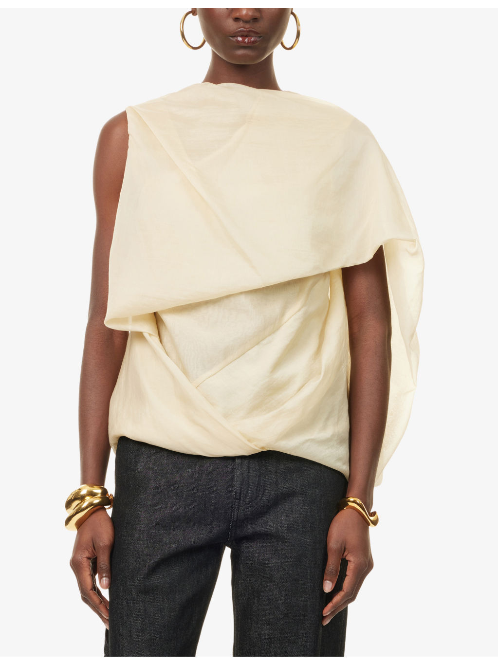 Side Drape Round-Neck Woven Top - 3