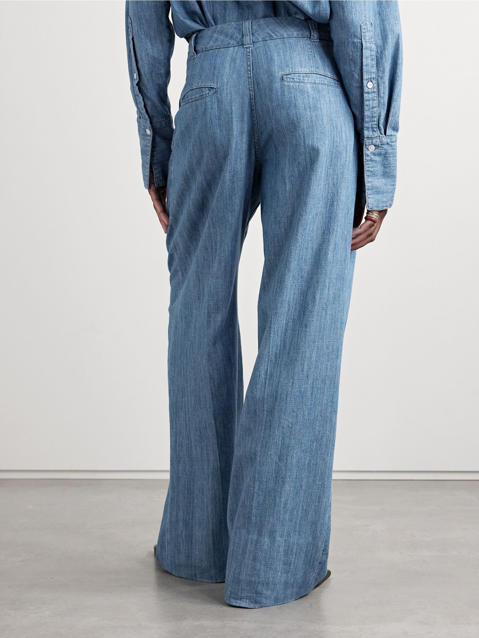 Pleated organic cotton-chambray wide-leg pants Blue - 4