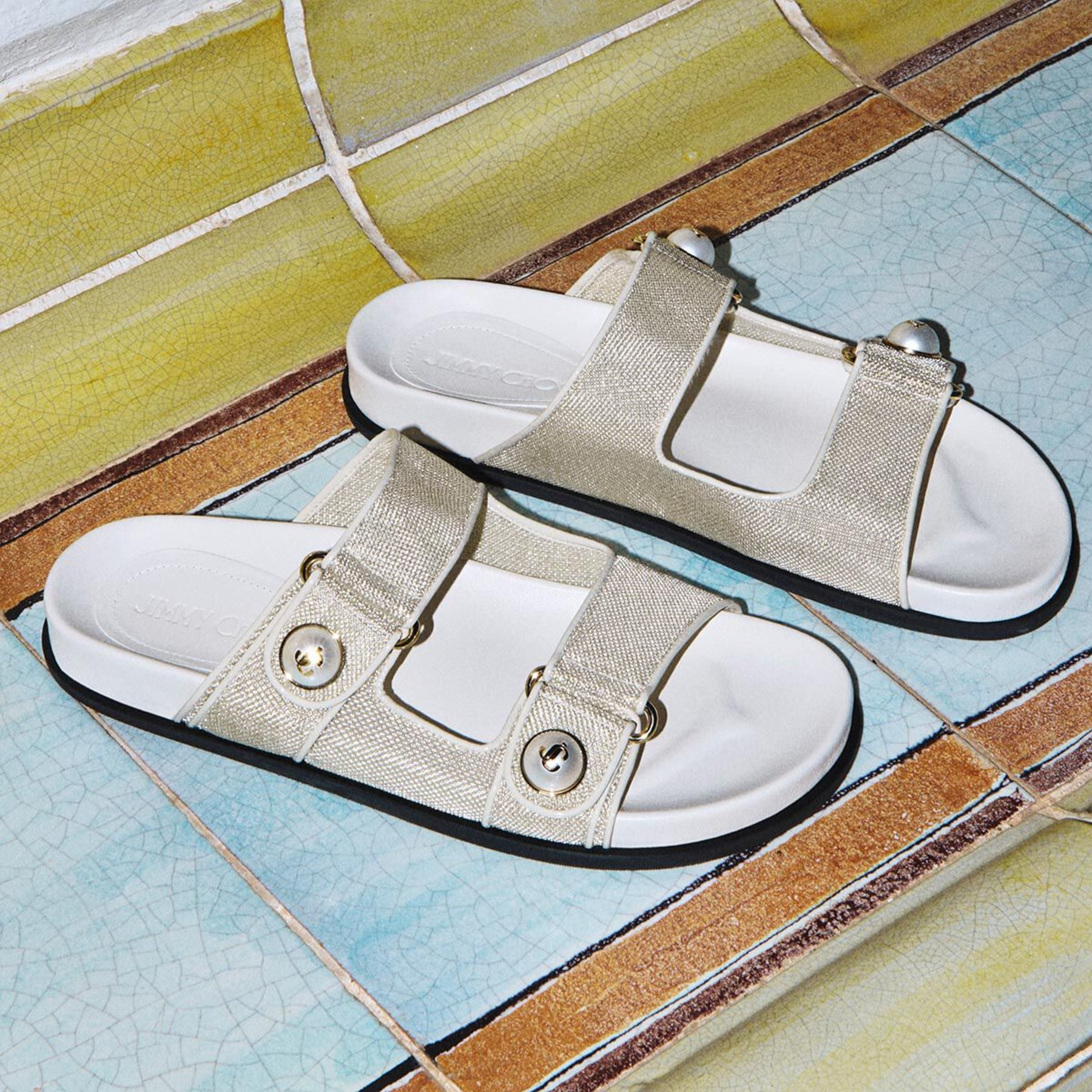 Fayence Sandal
Champagne Metallic Patent Leather Sandals with Pearls - 6