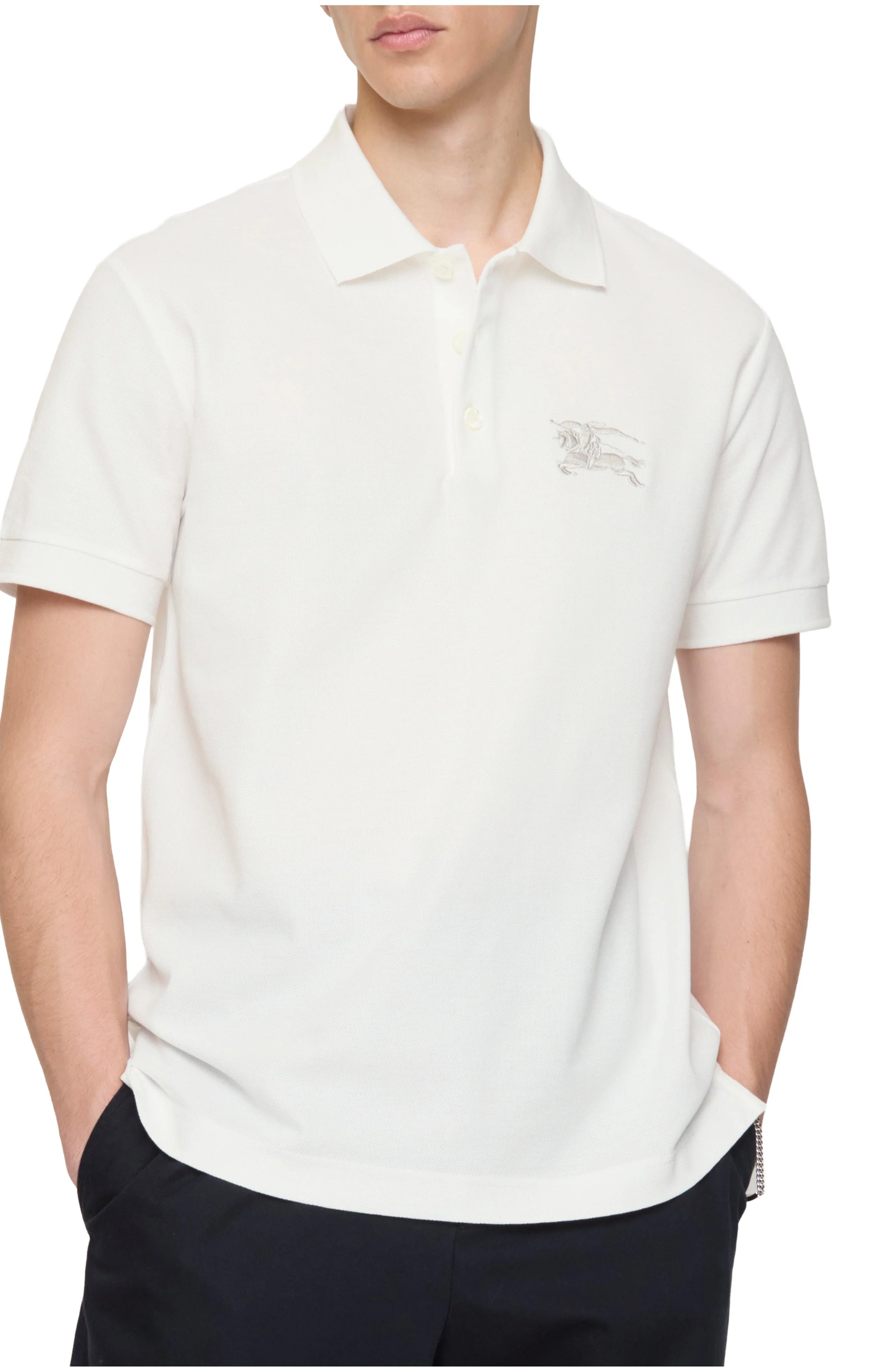 burberry Metallic EKD Cotton Polo Shirt in Chalk White at Nordstrom - 1