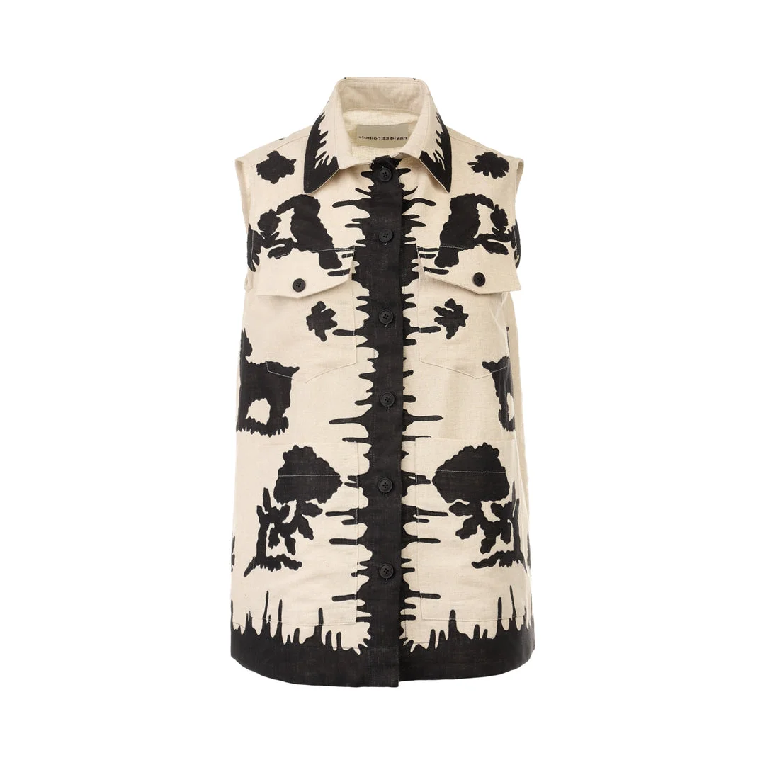 Printed Linen Sleeveless Vest - 1