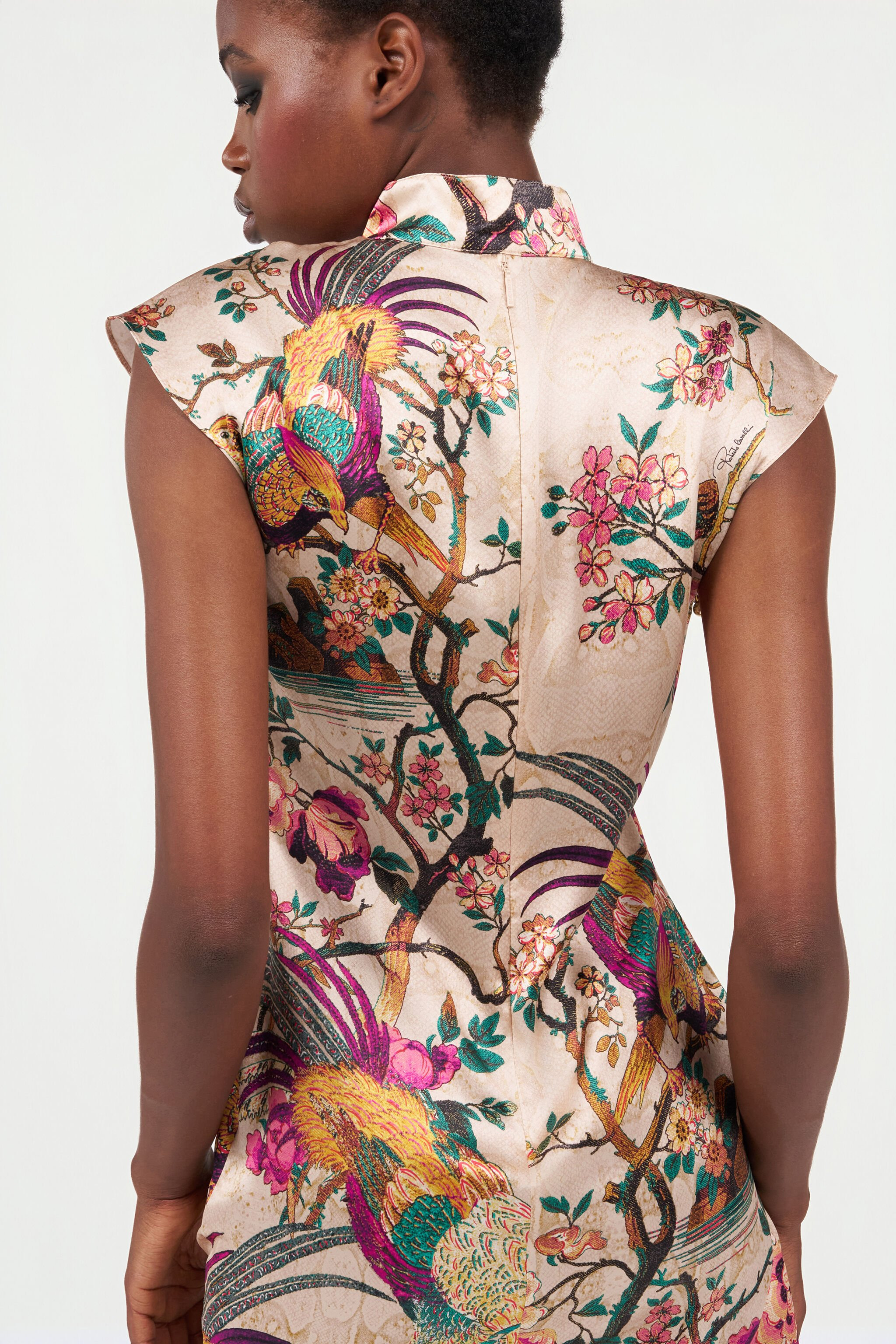 Oriental Bird Print Silk Mini Dress - 7