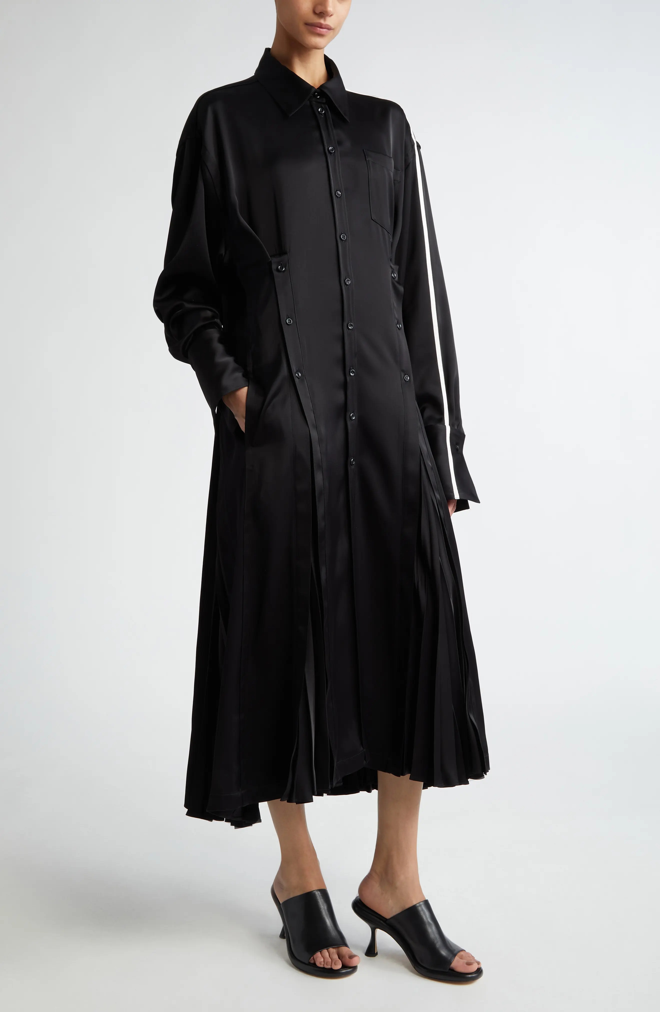 Pleated Long Sleeve Satin Shirtdress - 1