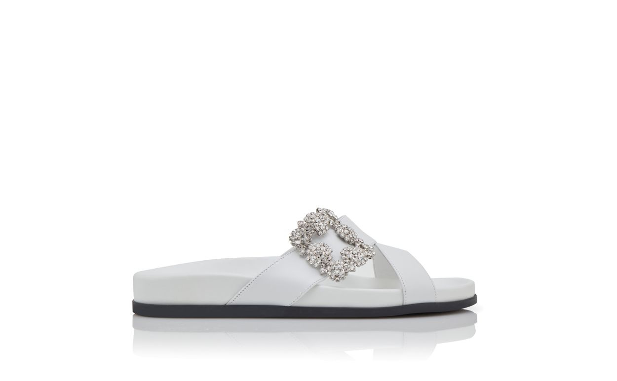 White Calf Leather Jewel Buckle Flat Mules - 1