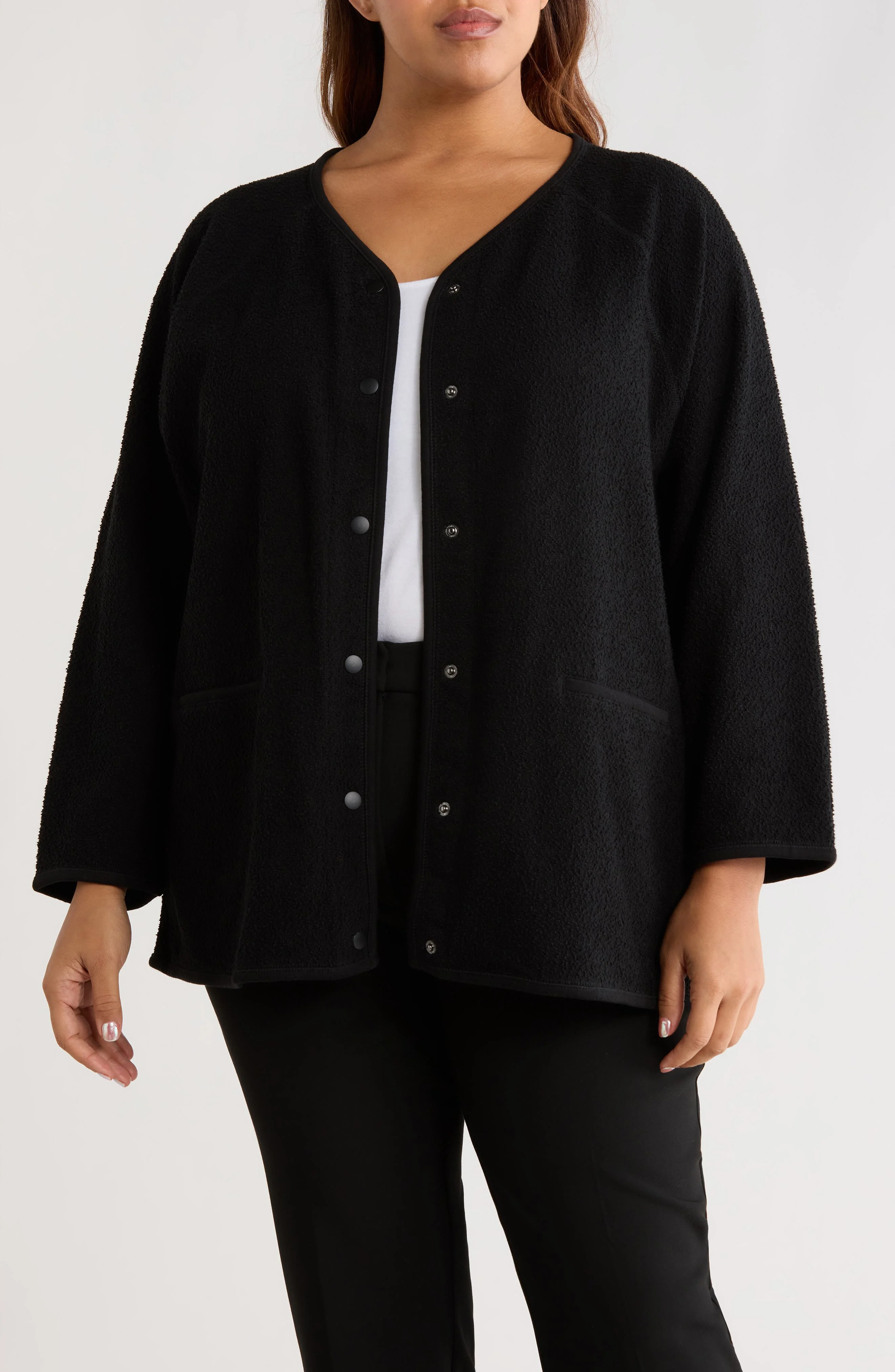 Eileen Fisher V-Neck Snap Front Bouclé Jacket in Black at Nordstrom - 1