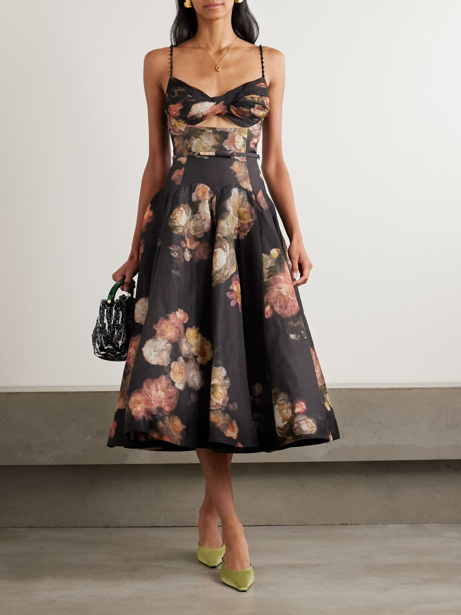 Hypnotic embellished belted cutout linen and silk-blend midi dress Black - 2