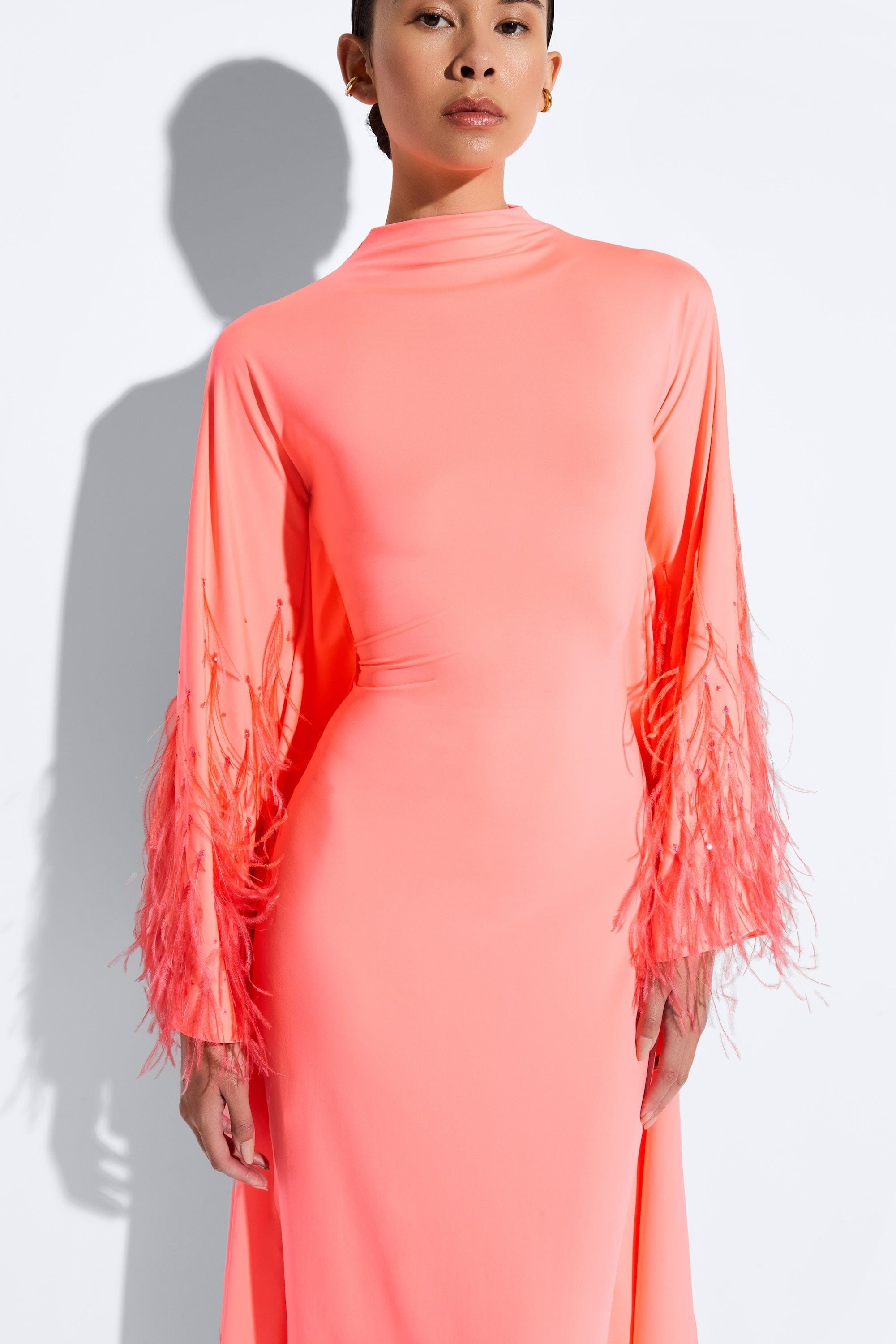 Compact Jersey Mock Neck Batwing Gown With Feather - 4