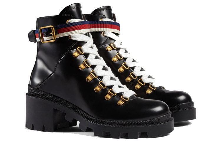 (WMNS) Gucci Sylvie Series Webbing Leather Ankle Boots Black 481156-DKS30-1159 - 2