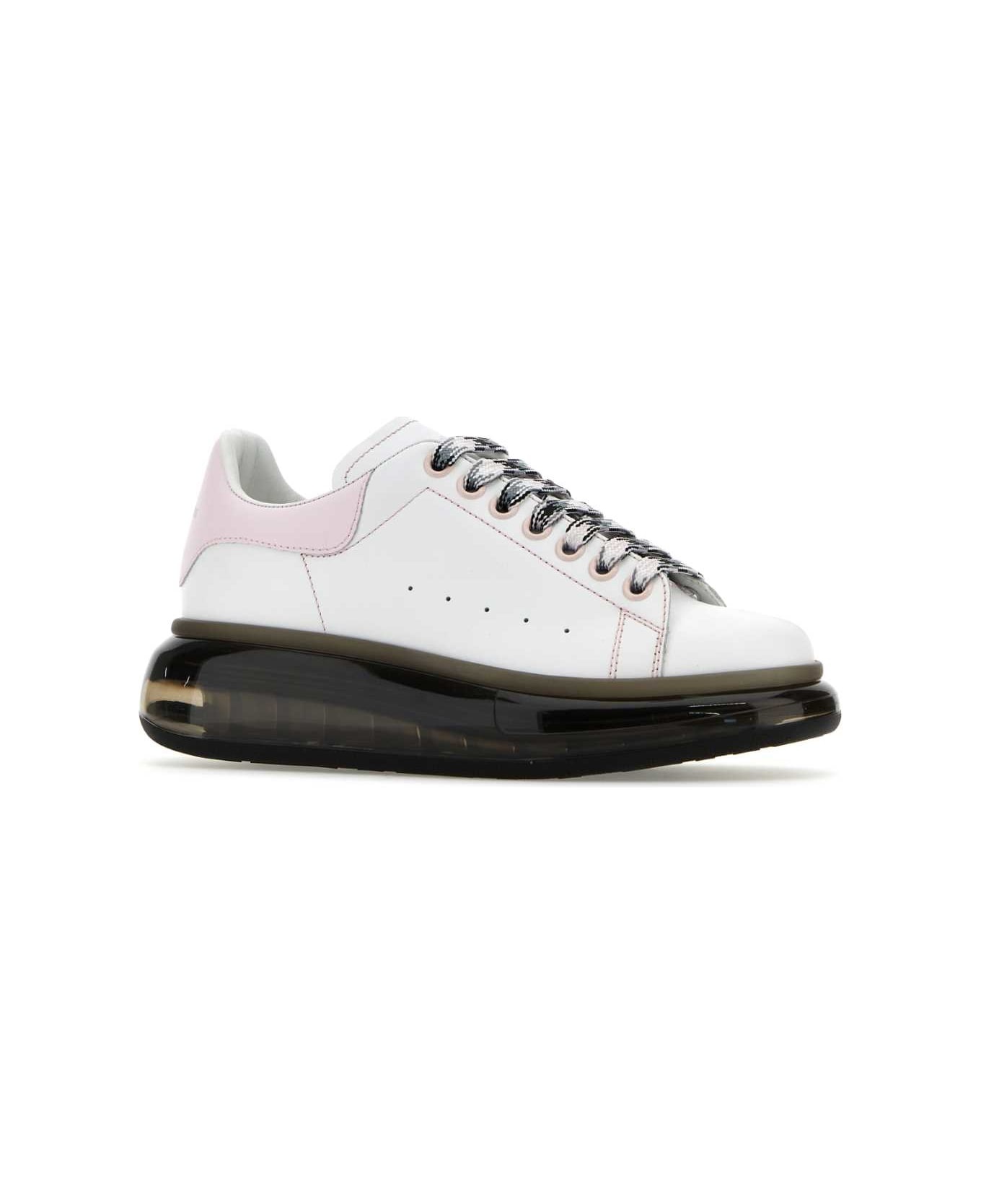 White Leather Sneakers With Pink Leather Heel - 2