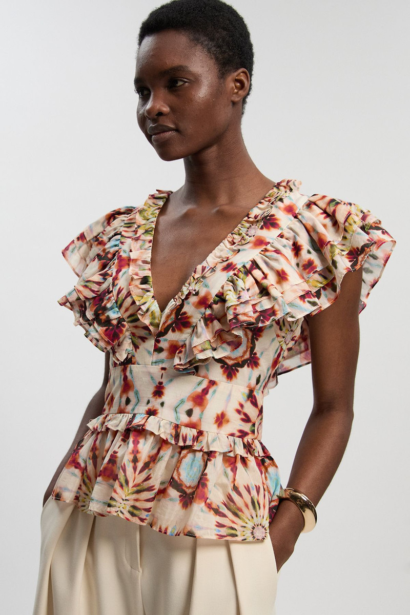KAREN MILLEN Tile Print Silk Cotton Ruffle Detail Woven Top outlook