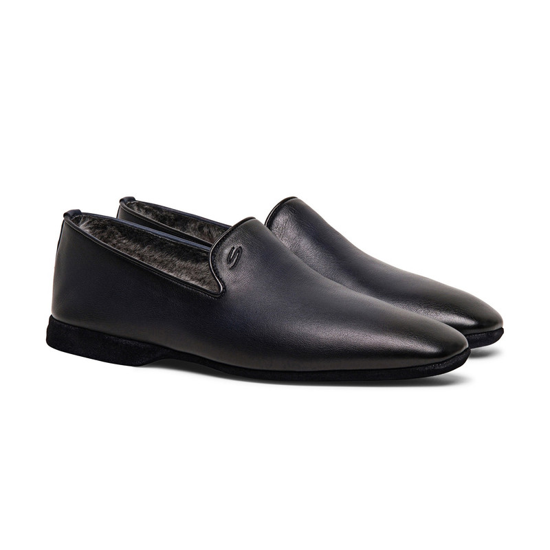 Santoni Men’s polished blue leather slipper outlook