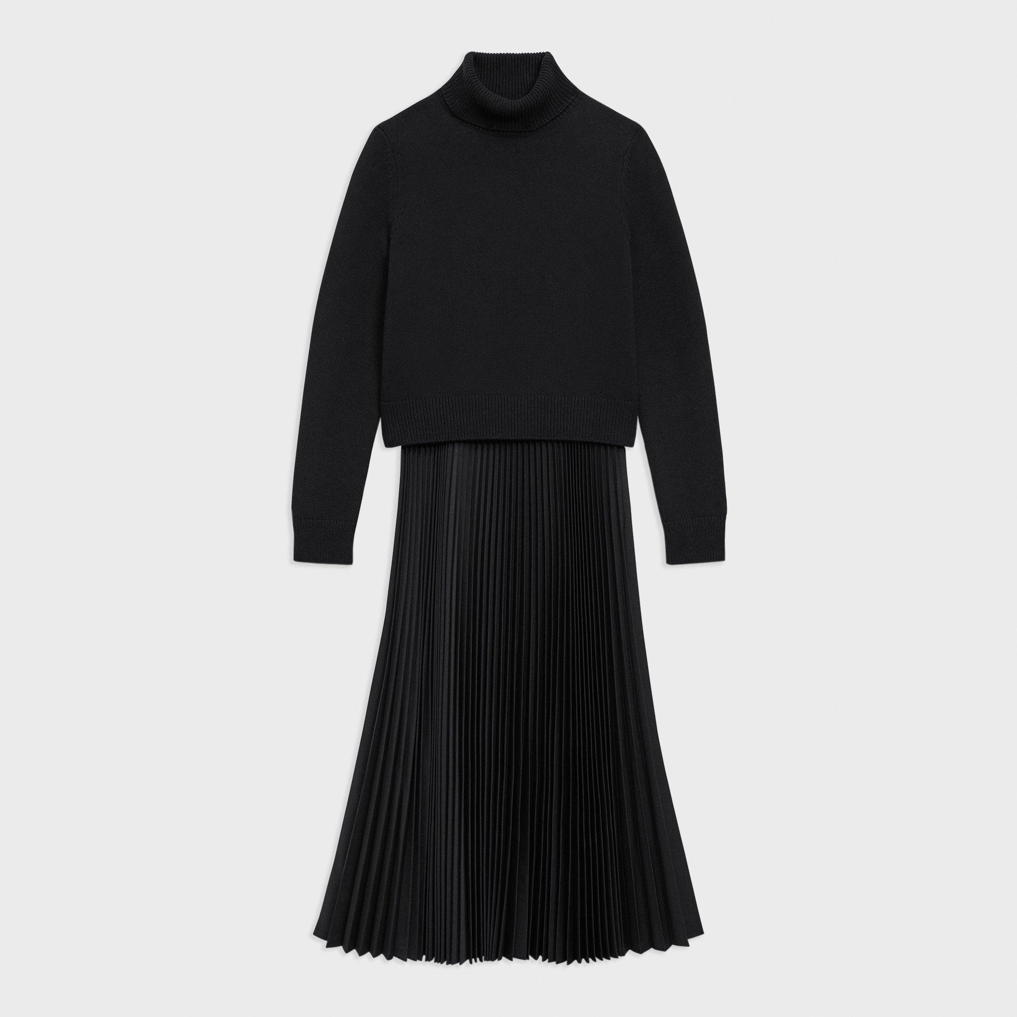 Pleated Combo Dress in Stretch Wool-Blend - 1