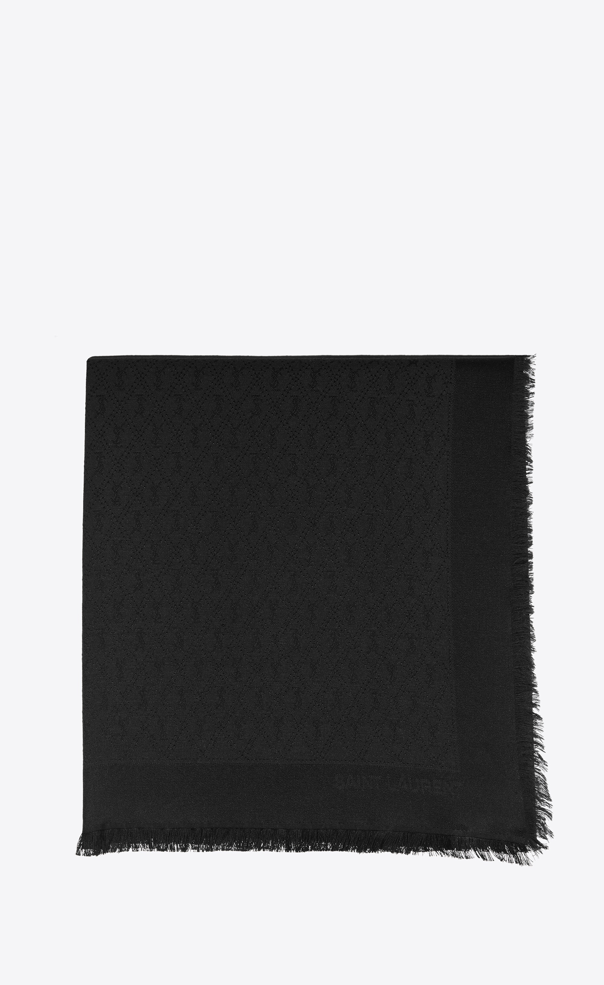 monogram fringed large square scarf in silk and wool jacquard - 1