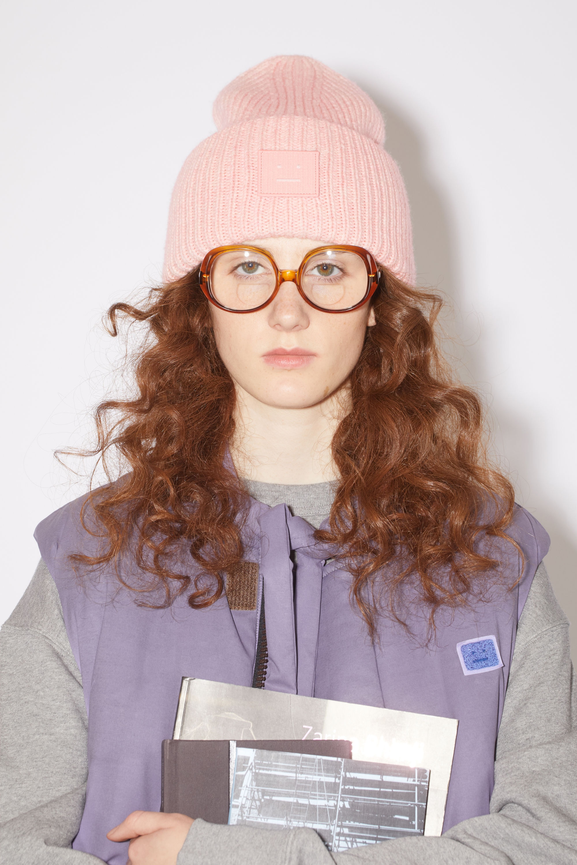 Ribbed knit beanie hat - Faded pink melange - 2