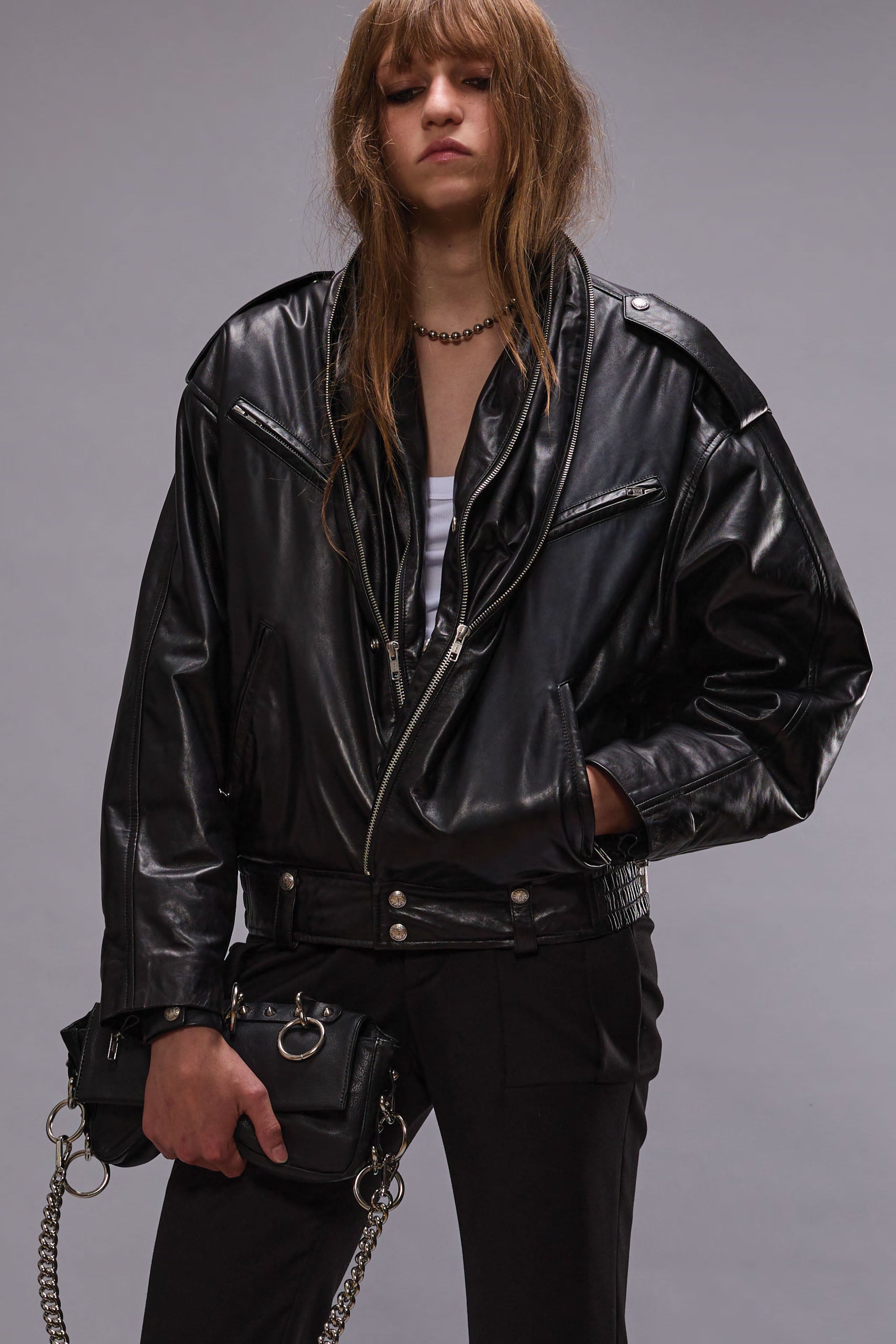ZIP COLLAR MOTORCYCLE JACKET - BLACK - 1