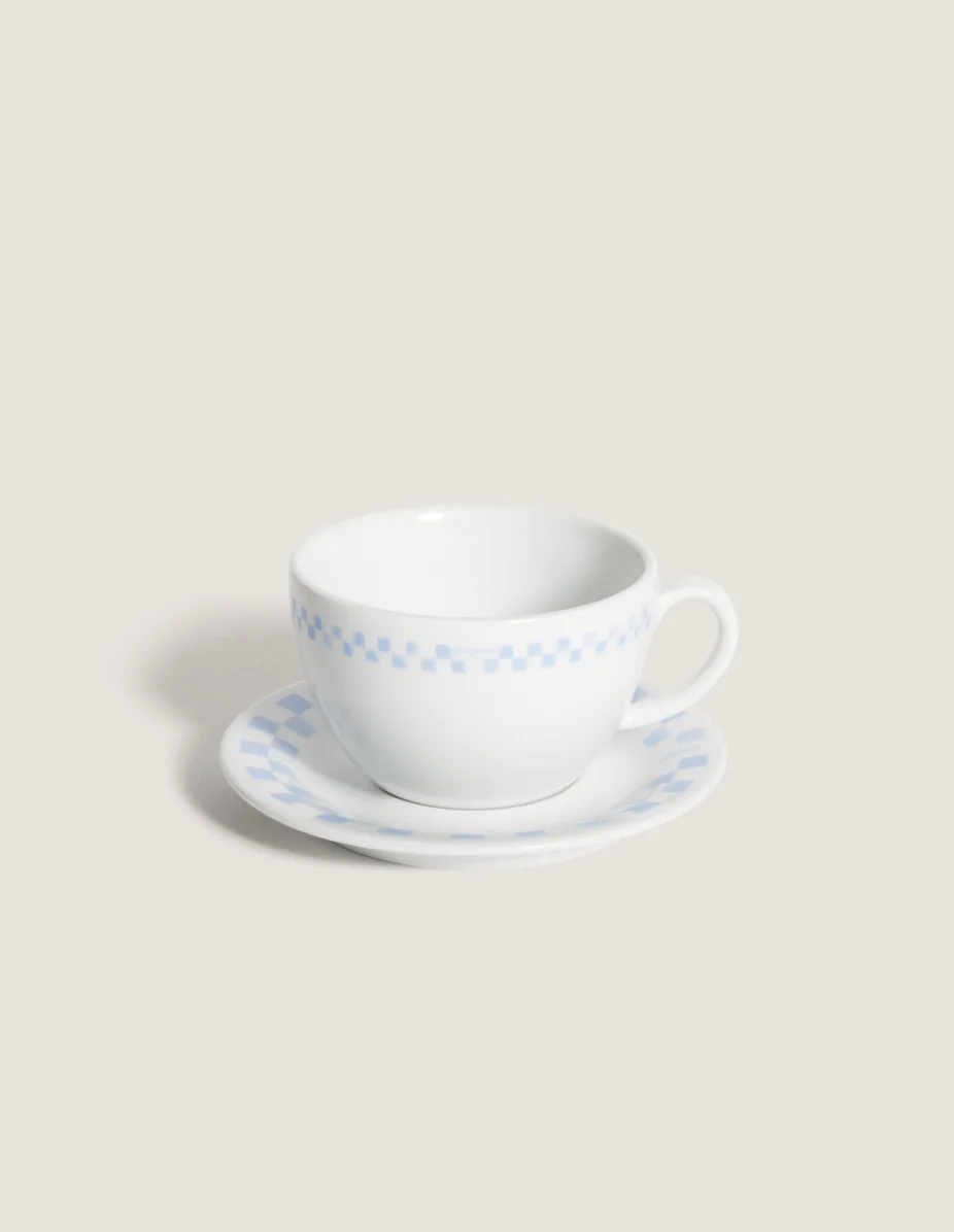 CHECKERBOARD PORCELAIN CAPPUCCINO CUP AND SAUCER - 1
