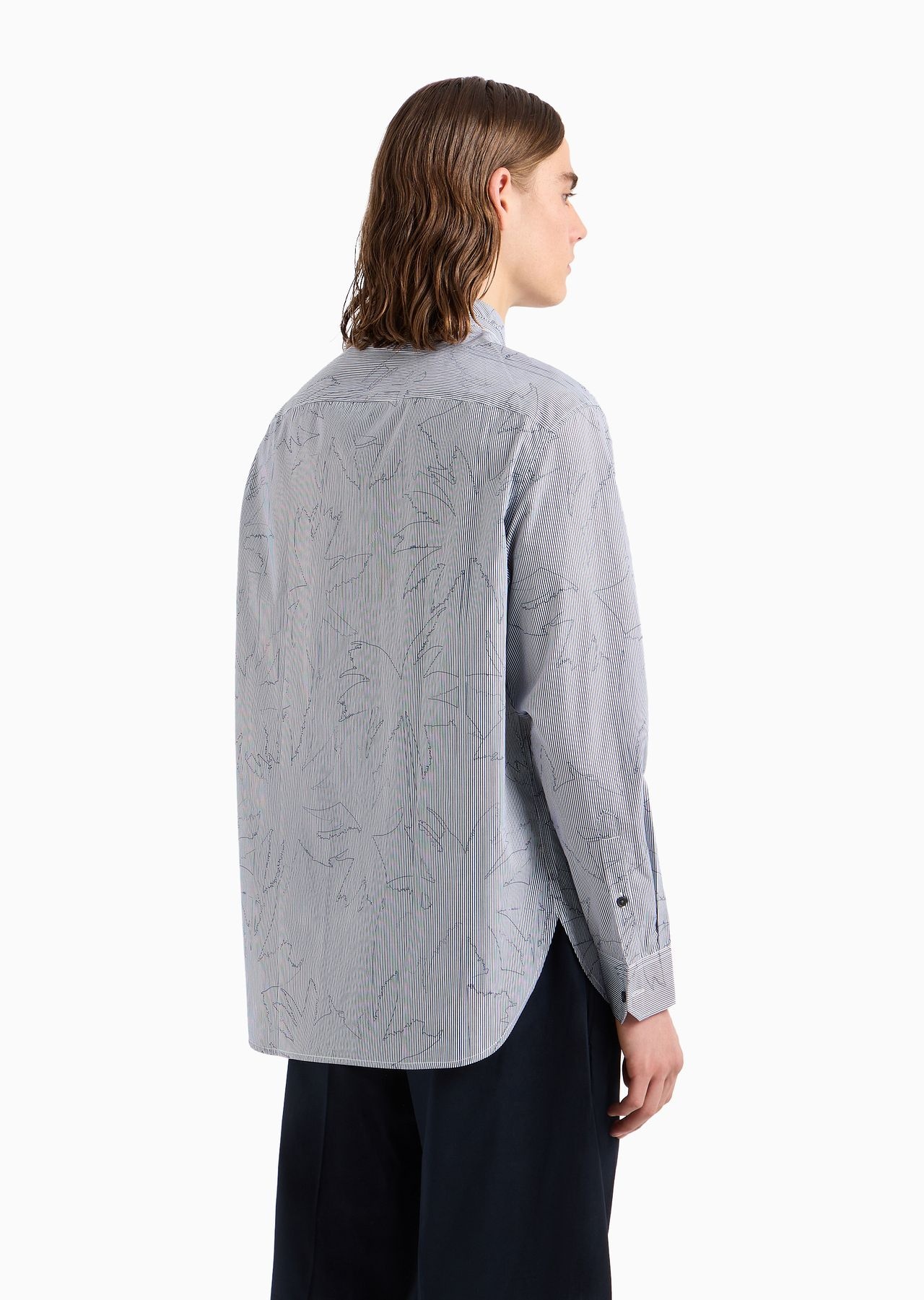 Comfort-fit shirt with guru collar in striped cotton with a palm-tree print - 3