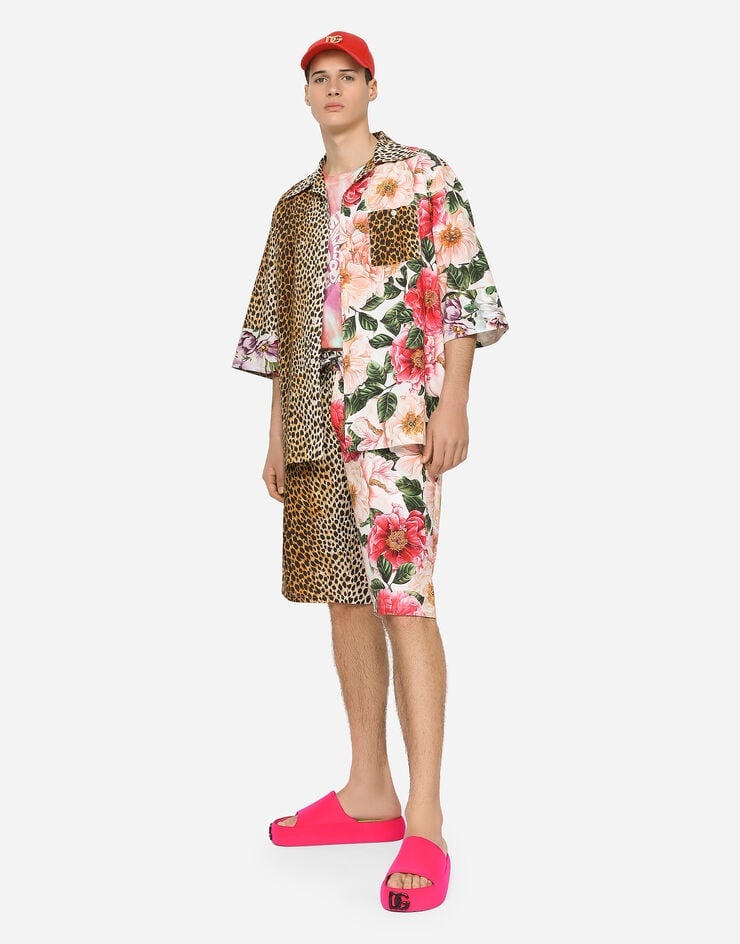 Cotton jogging shorts with flower and ocelot print - 5