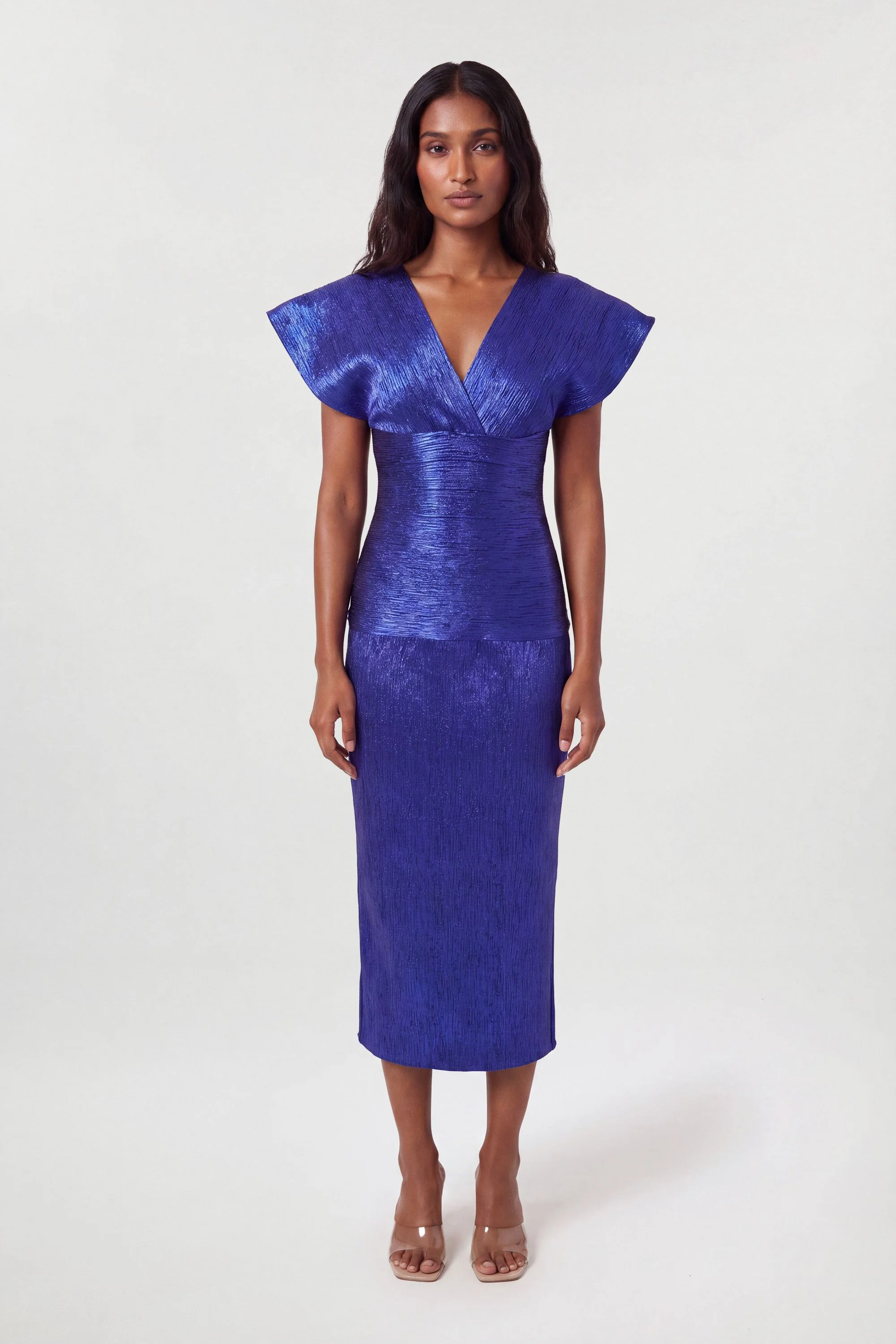 Foil Metallic Figure Form Bandage Angel Sleeve Knit Maxi Dress - 1