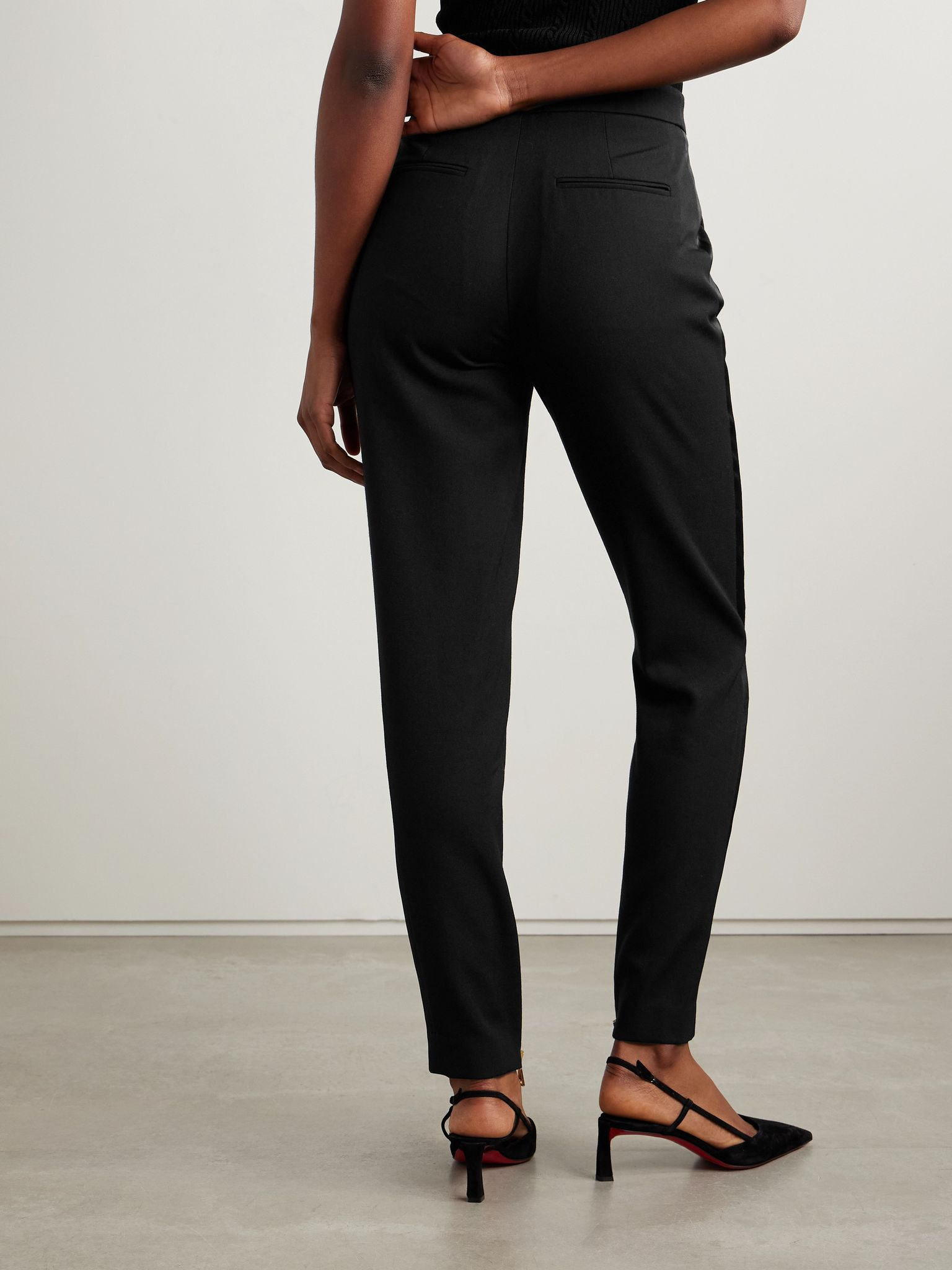 Satin-trimmed wool straight-leg pants Black - 4