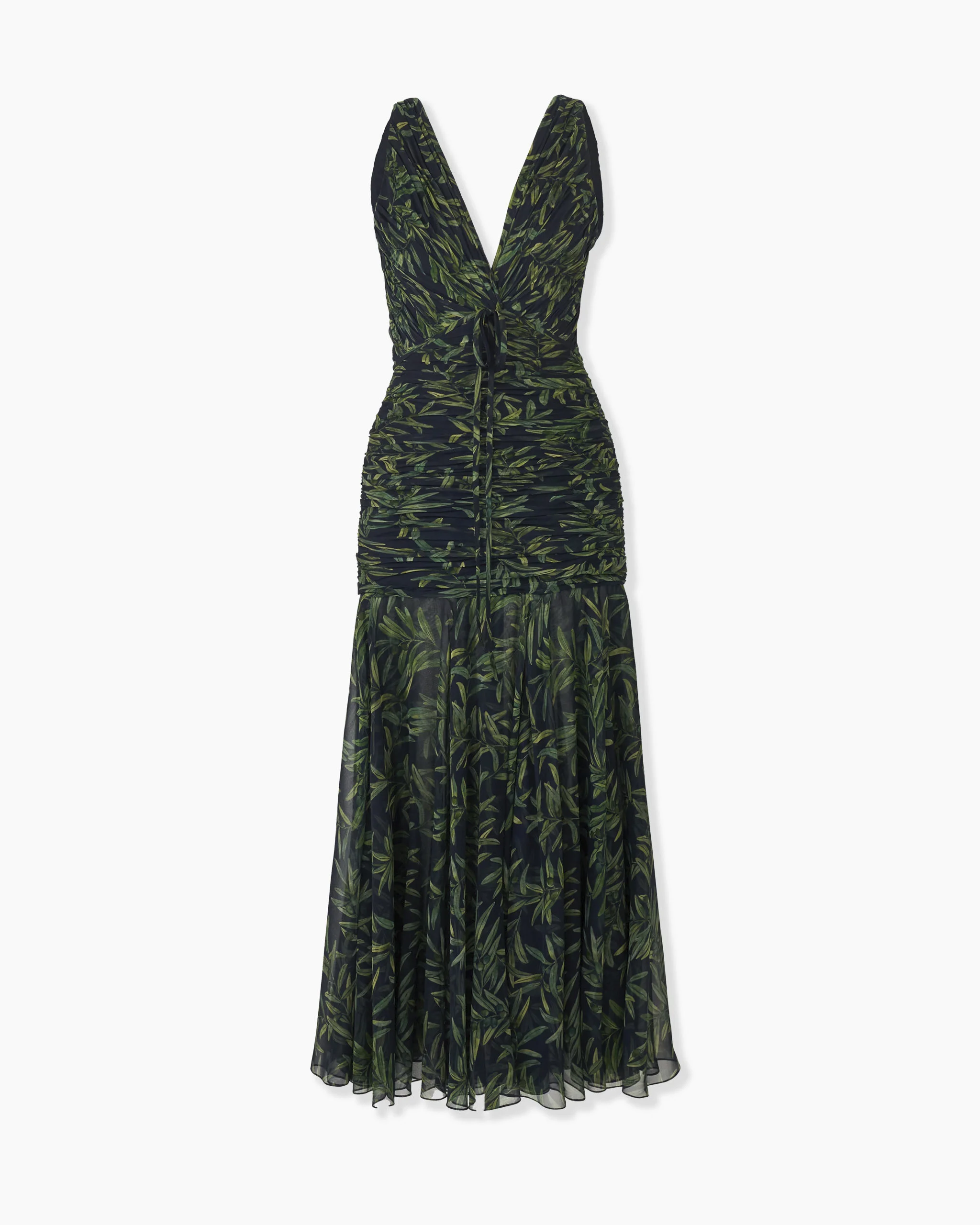 Olive Branch-Print Gathered Midi Dress - 1