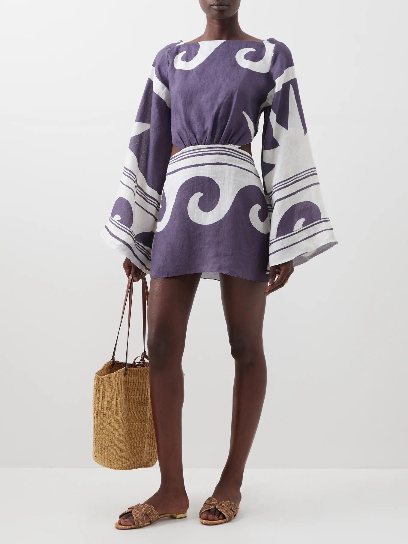 Wave After cut-out print linen mini dress - 2