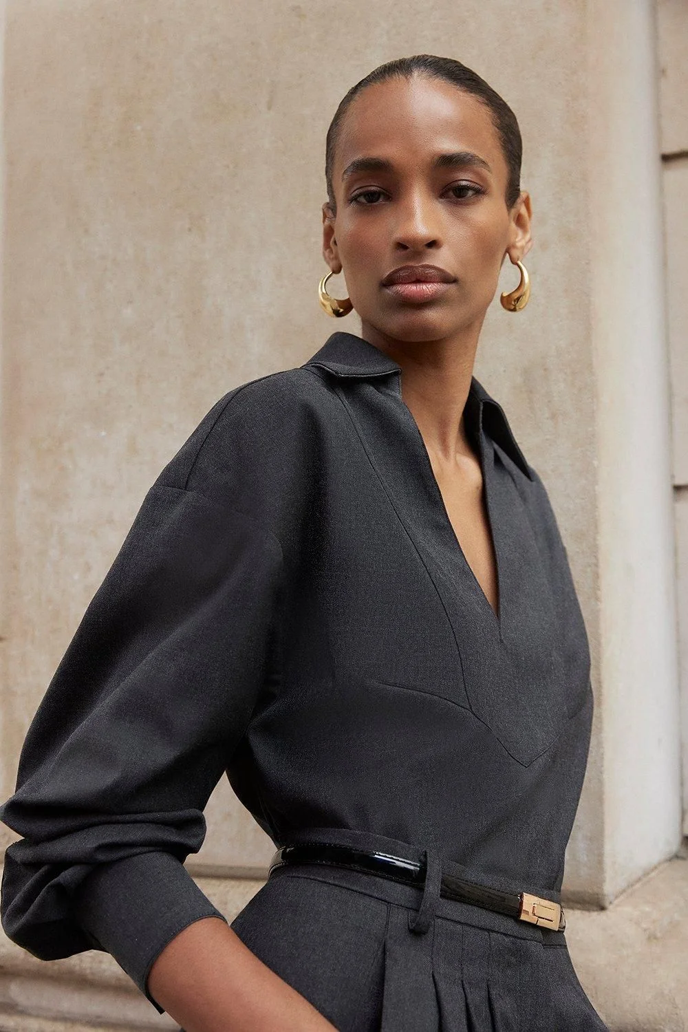 Tailored Wide Sleeve Midi Shirt Dress - 1