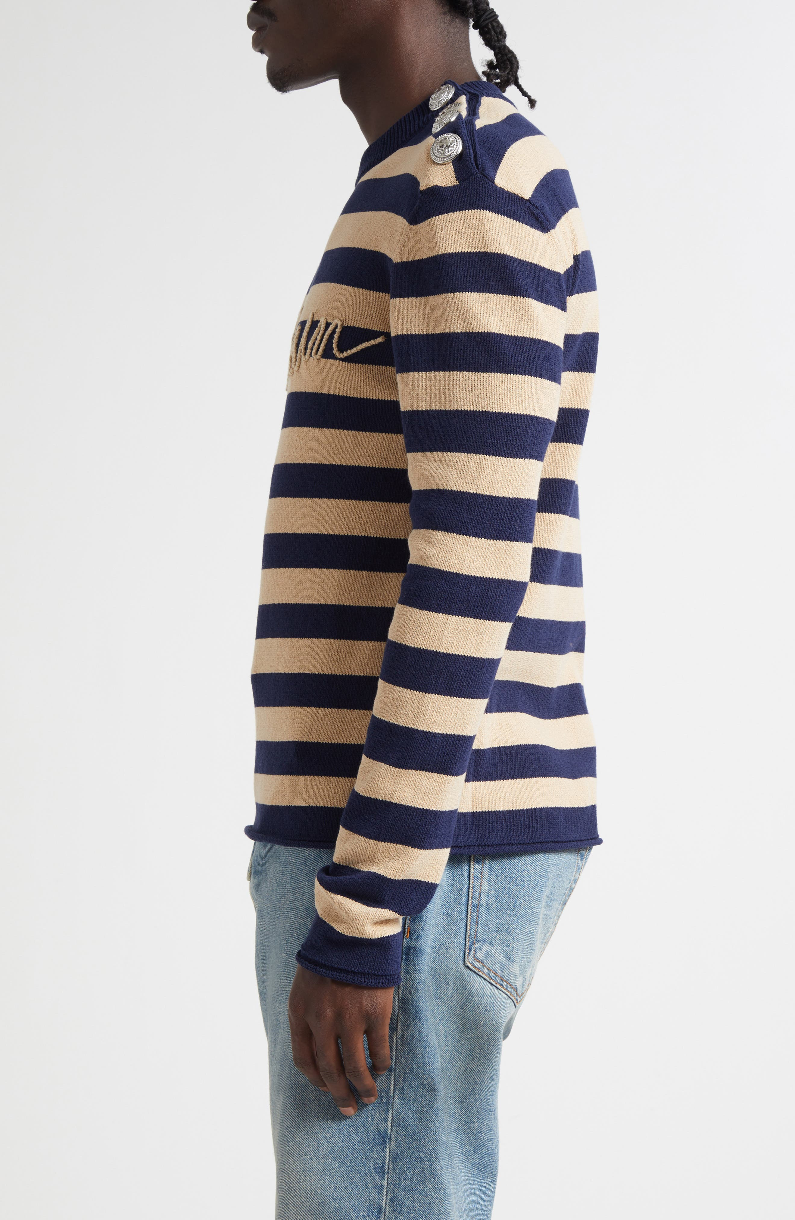 Balmain Embroidered Logo Cotton Sweater in Soe Navy/Camel at Nordstrom - 4