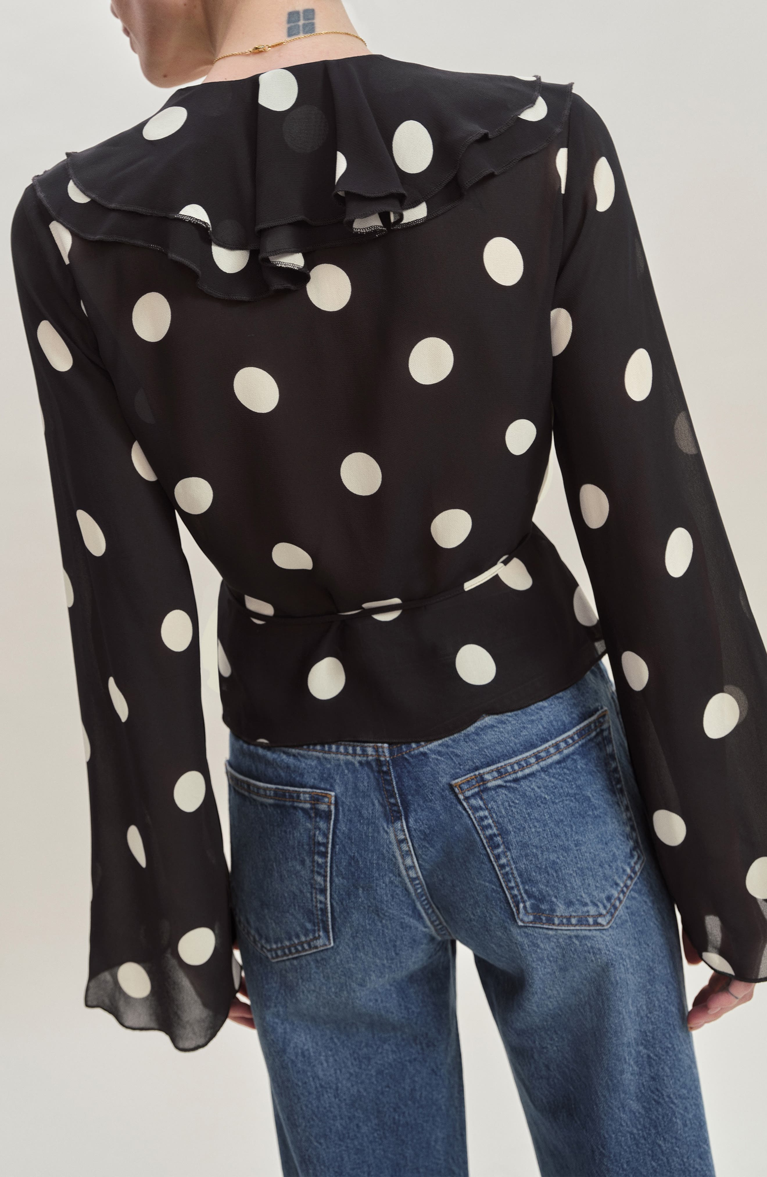 Reformation Kilah Ruffle Neck Polka Dot Wrap Top in Moon Dot at Nordstrom - 2