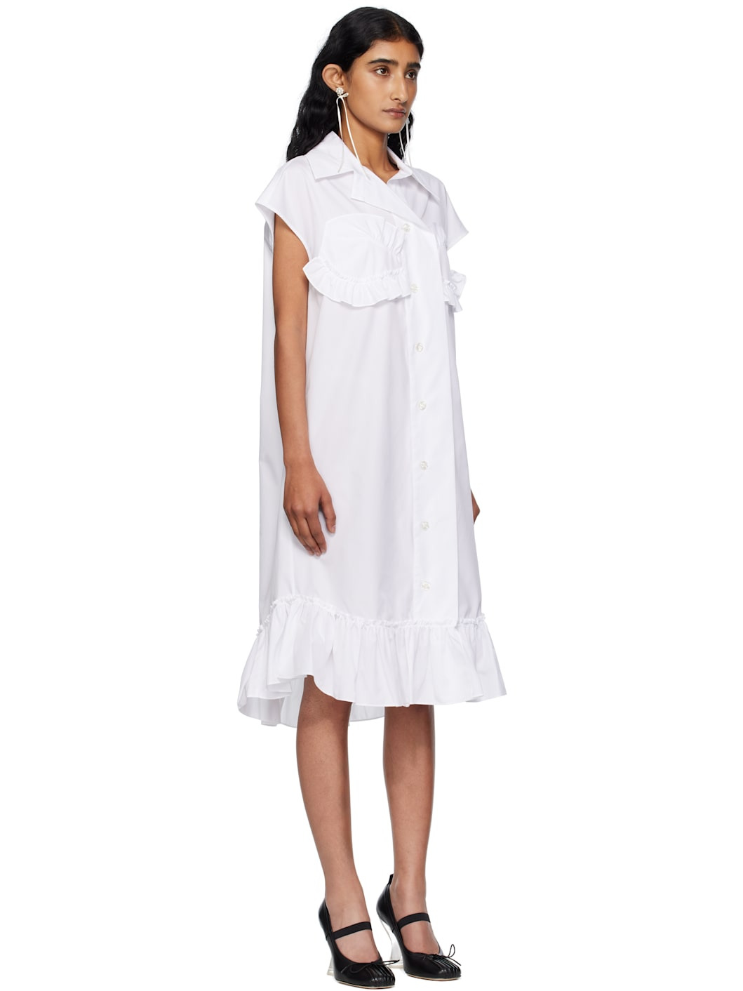 White Sleeveless Ruffle Bust Detail Midi Dress - 2