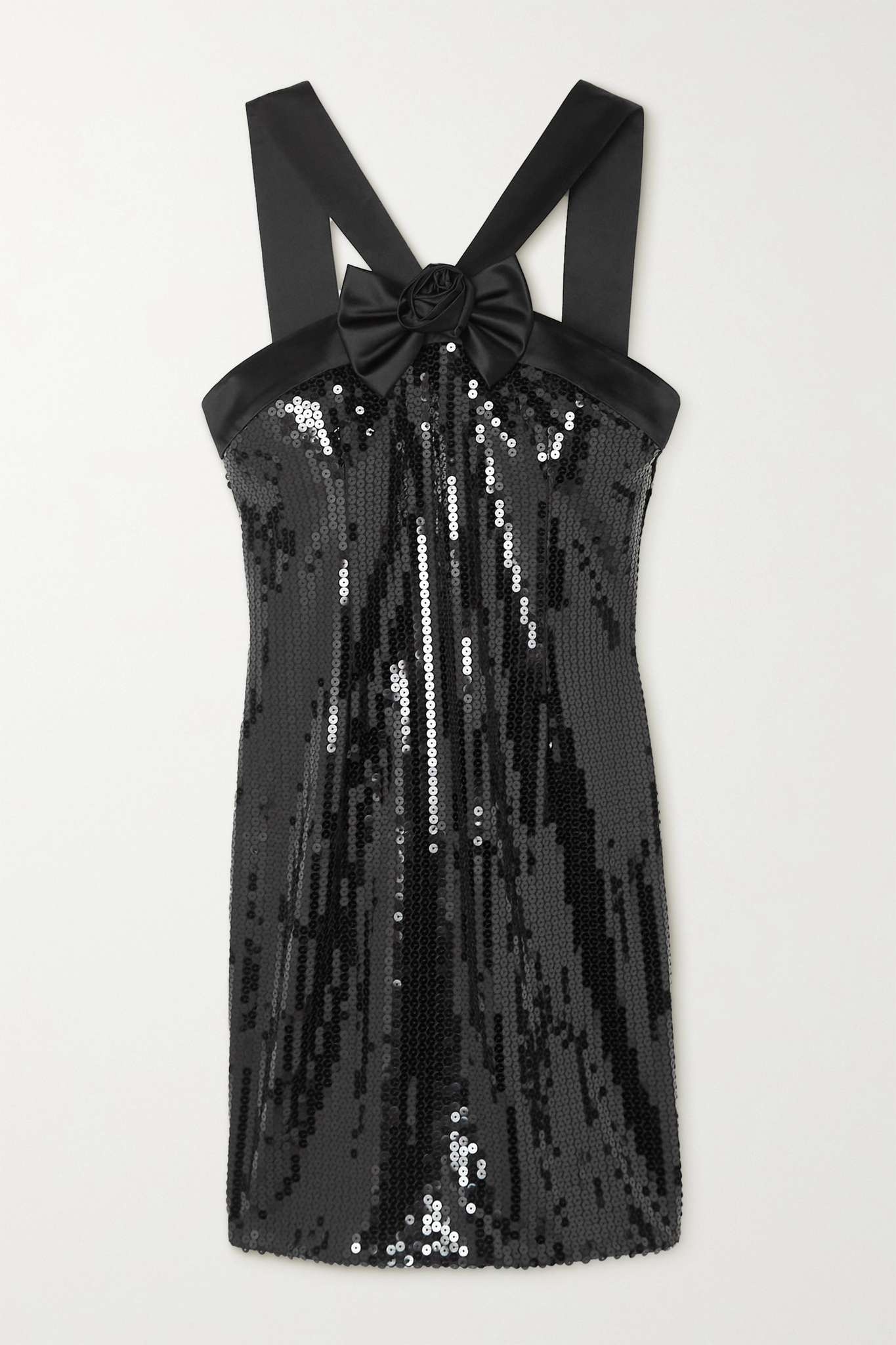 Bow-detailed silk satin-trimmed sequined chiffon mini dress - 1