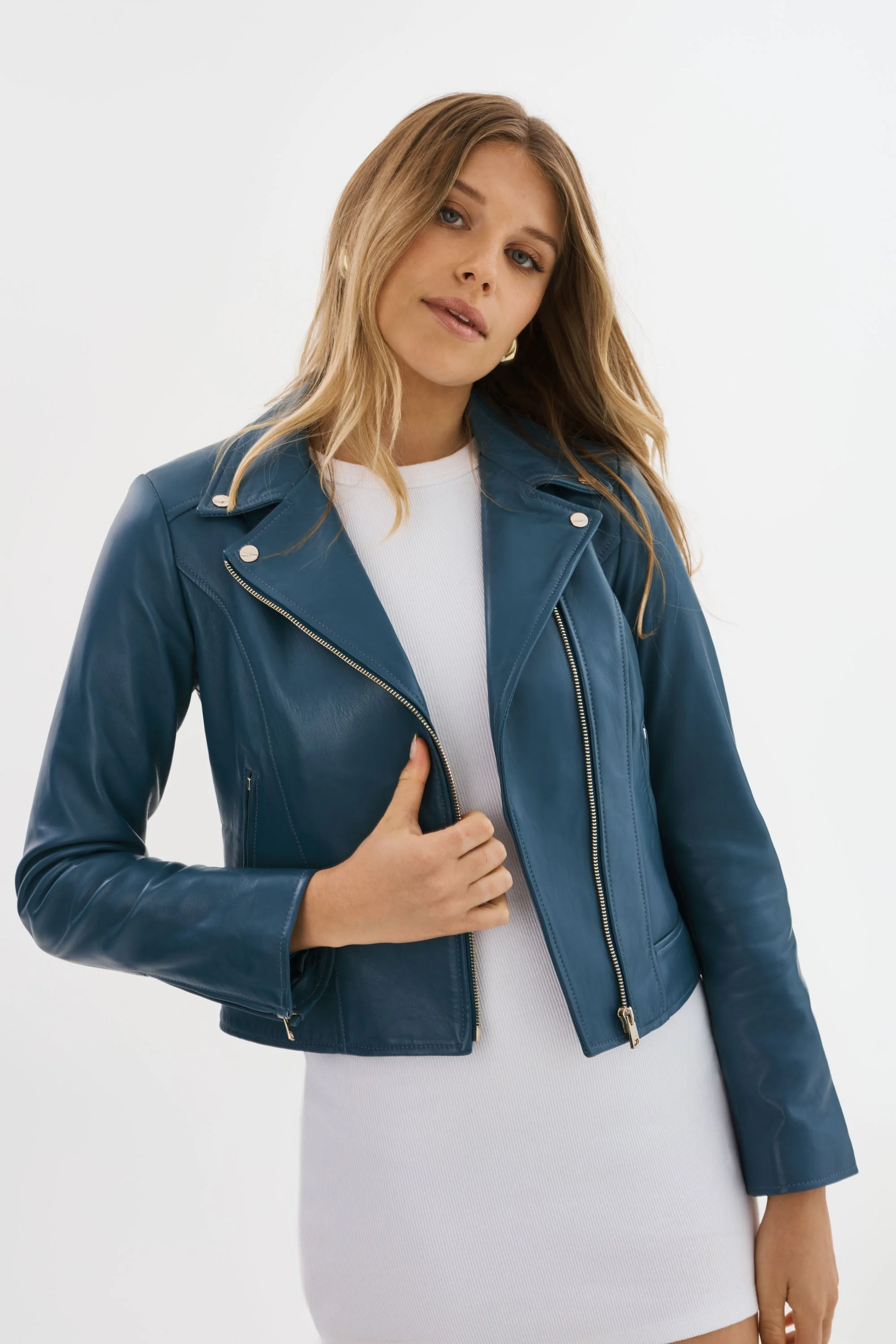 KELSEY | Leather Biker Jacket Champagne Hardware - 1