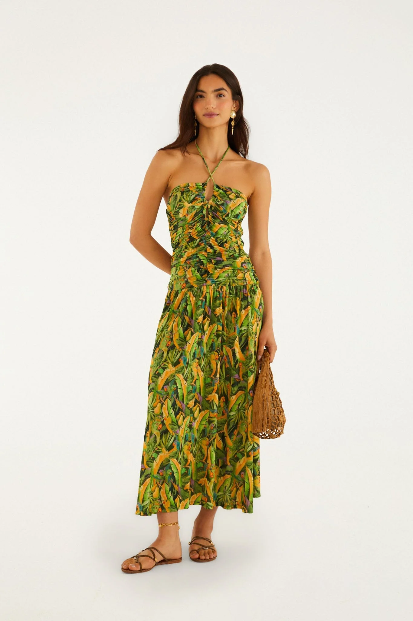 Forest Green Parrots Maxi Dress - 1
