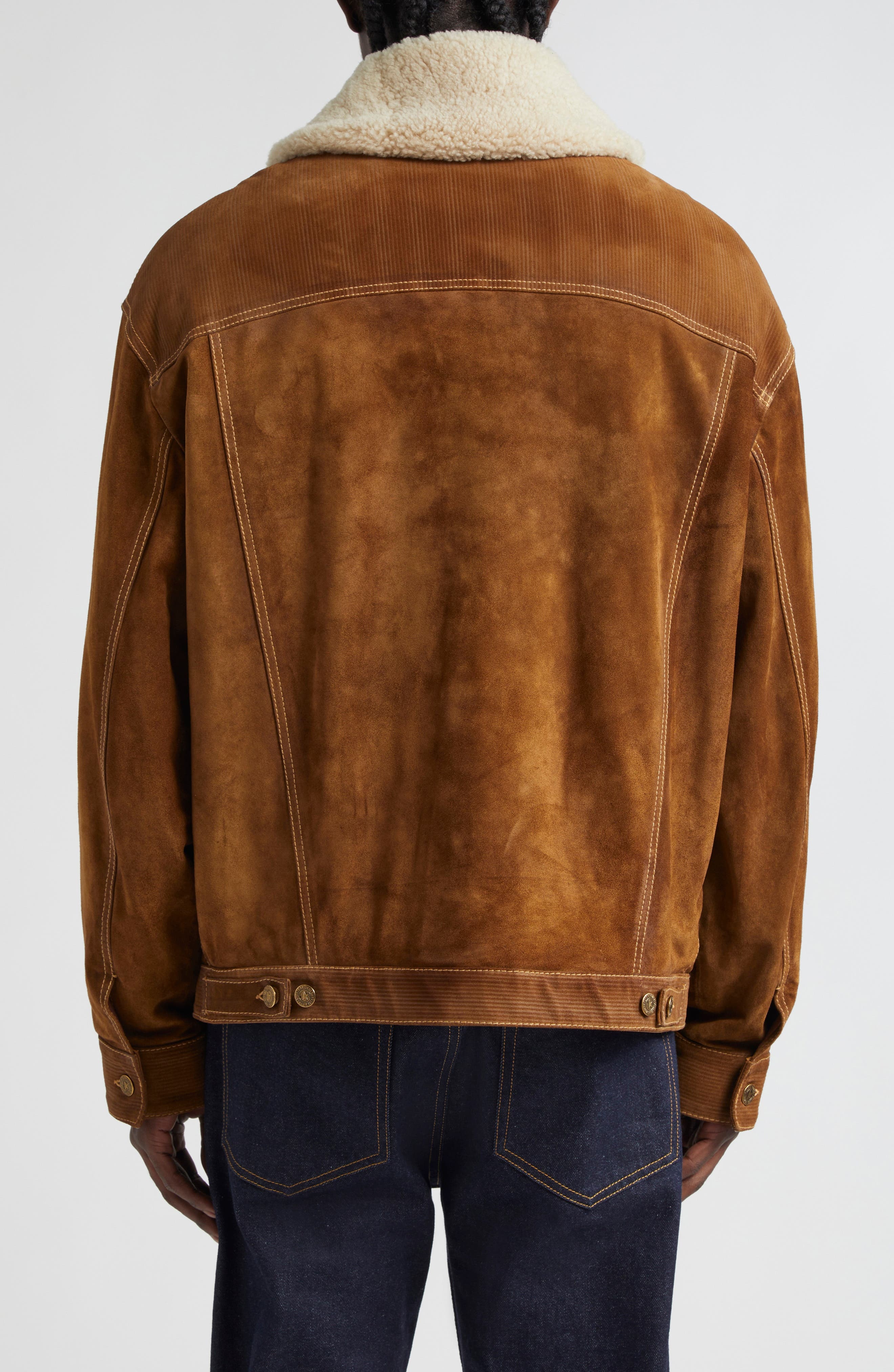 Golden Goose Journey Suede Trucker Jacket with Removable Faux Shearling Collar in Tobacco Brown at N - 4
