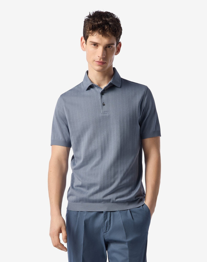 CORNELIANI Cerulean blue button-up lisle thread polo shirt outlook