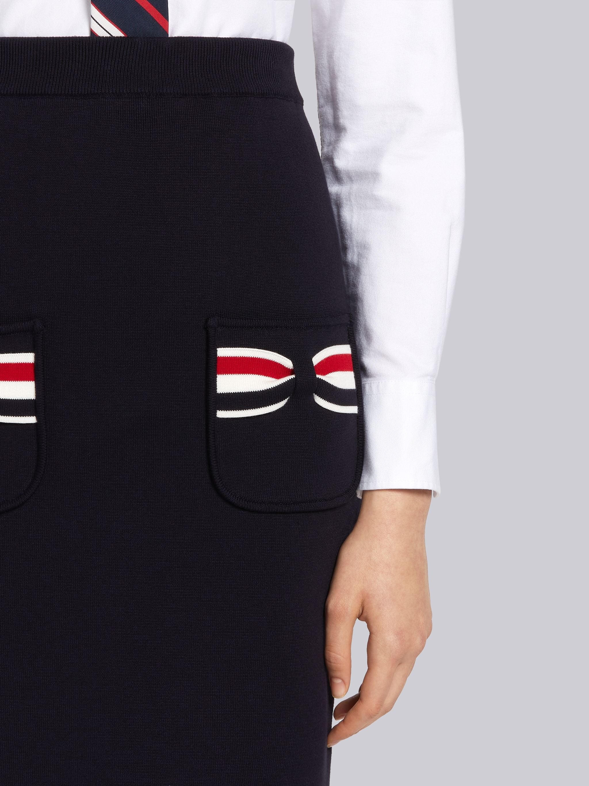 Navy Double Face Cotton Multi-Color Bow Pocket Pencil Skirt - 5