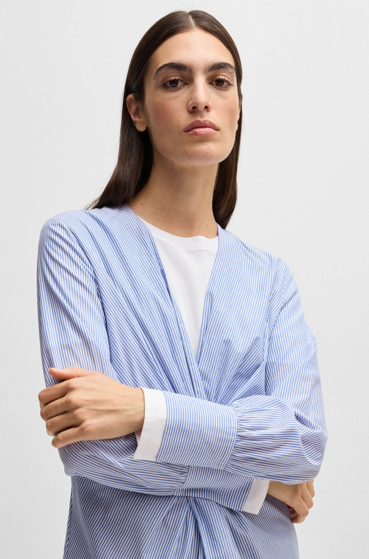 TWIST-FRONT SLIM-FIT BLOUSE IN STRIPED COTTON - 4